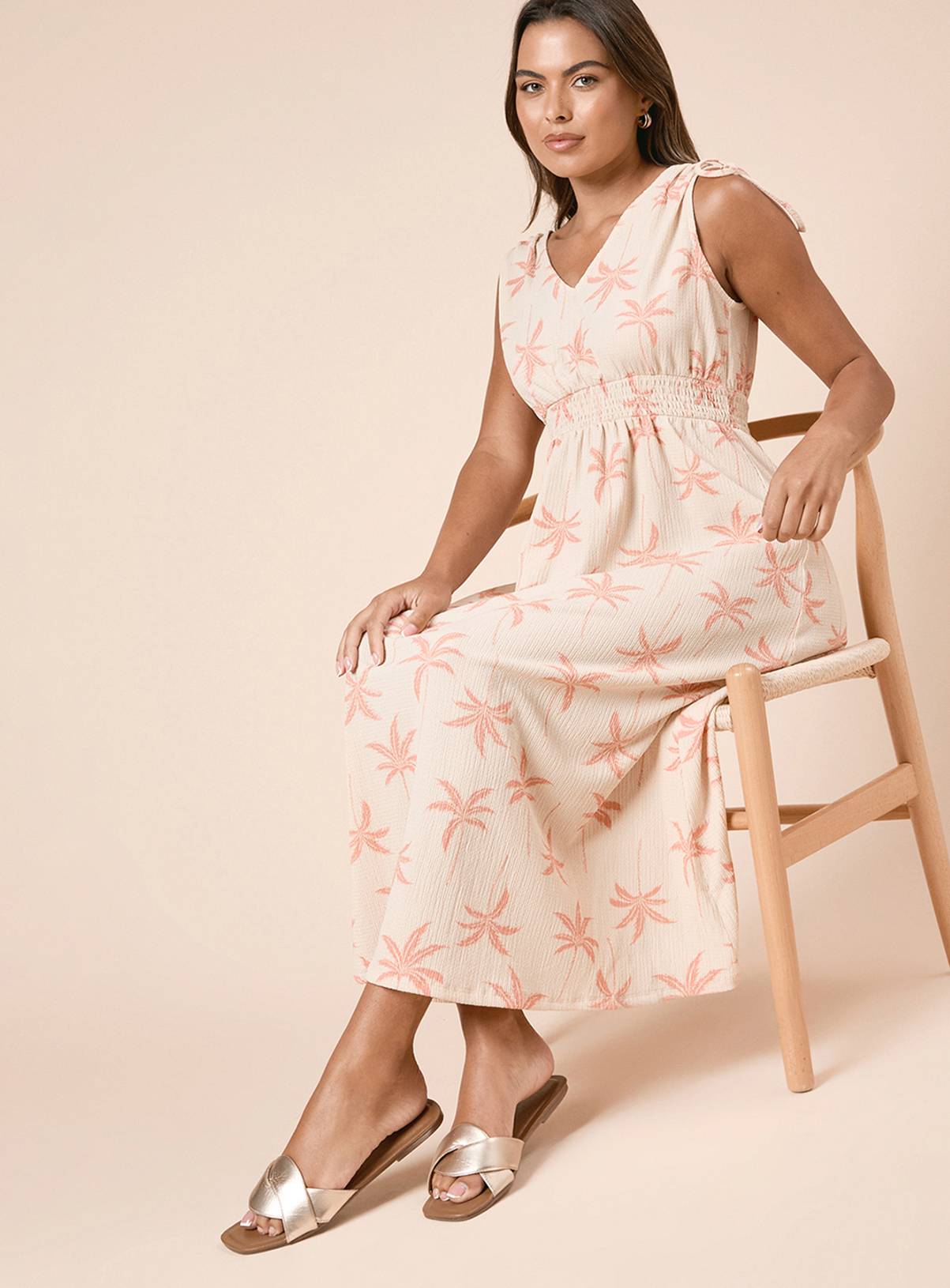 DOROTHY PERKINS Cream Palm Tie Shoulder Shirred Waist Jersey Midi Dress 18 - Image 2