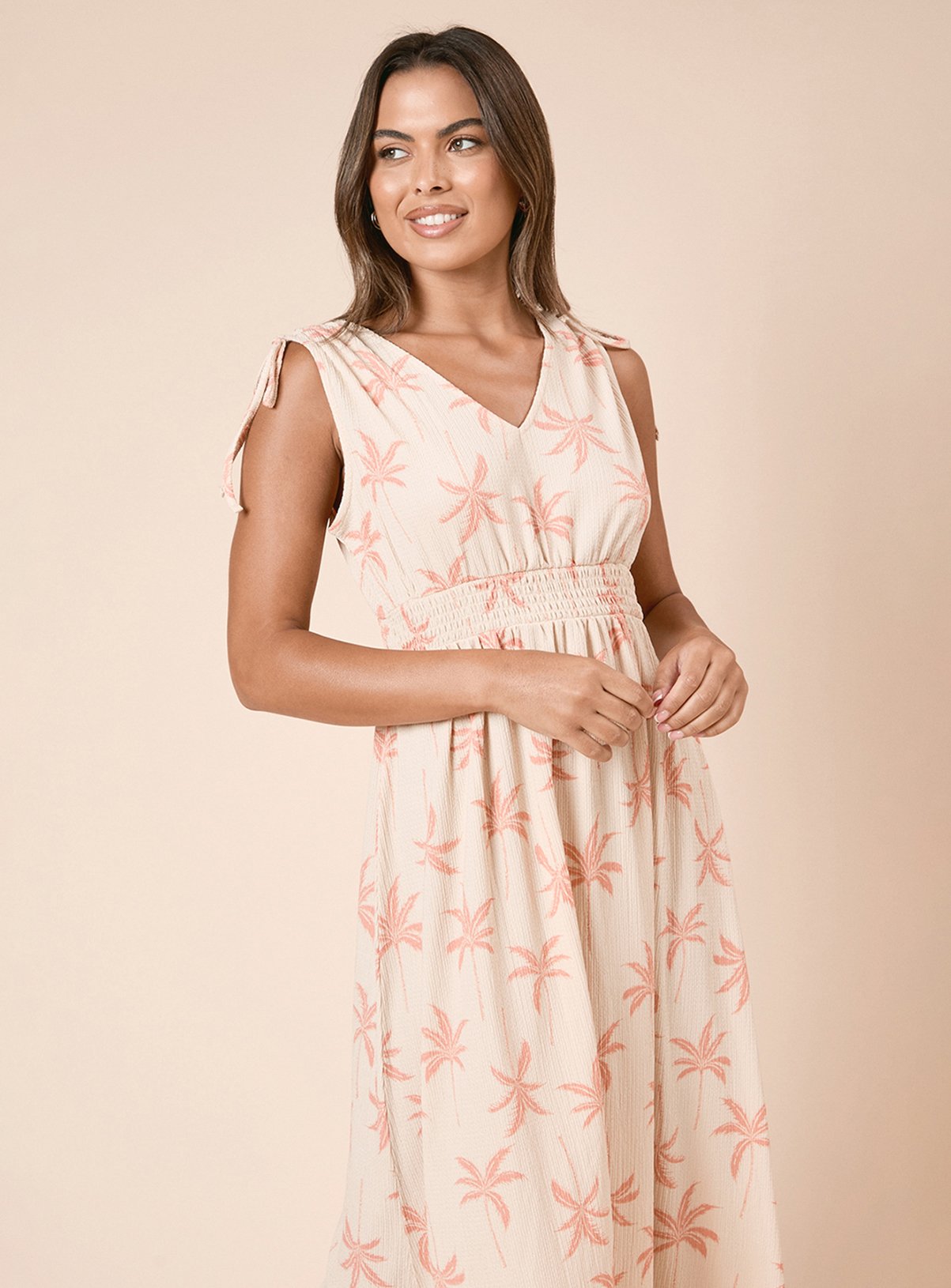 DOROTHY PERKINS Cream Palm Tie Shoulder Shirred Waist Jersey Midi Dress 18 - Image 3 thumbnail