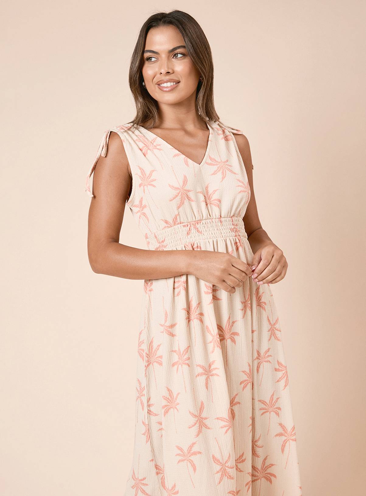 DOROTHY PERKINS Cream Palm Tie Shoulder Shirred Waist Jersey Midi Dress 18 - Image 3