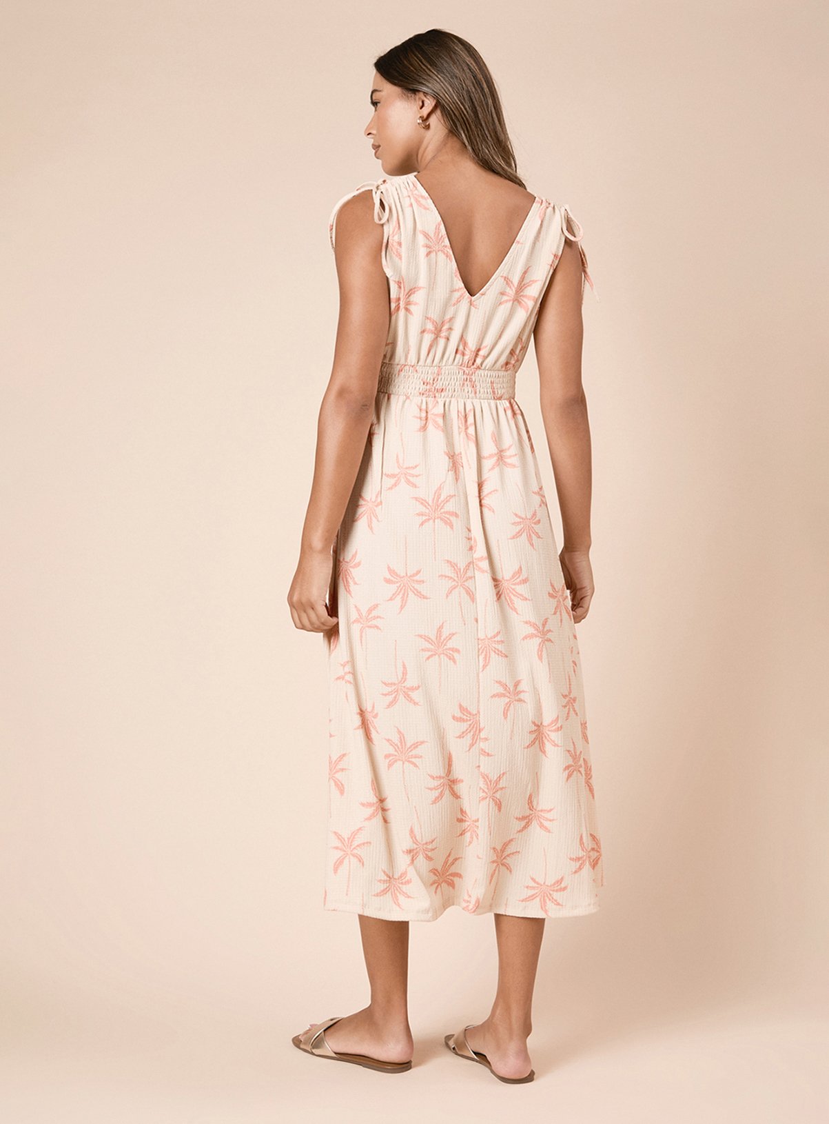 DOROTHY PERKINS Cream Palm Tie Shoulder Shirred Waist Jersey Midi Dress 18 - Image 5 thumbnail