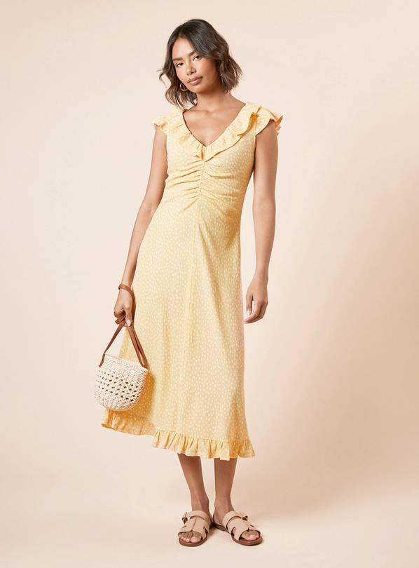 DOROTHY PERKINS Yellow Spot Neck Ruched Front Jersey Midi Dress 14
