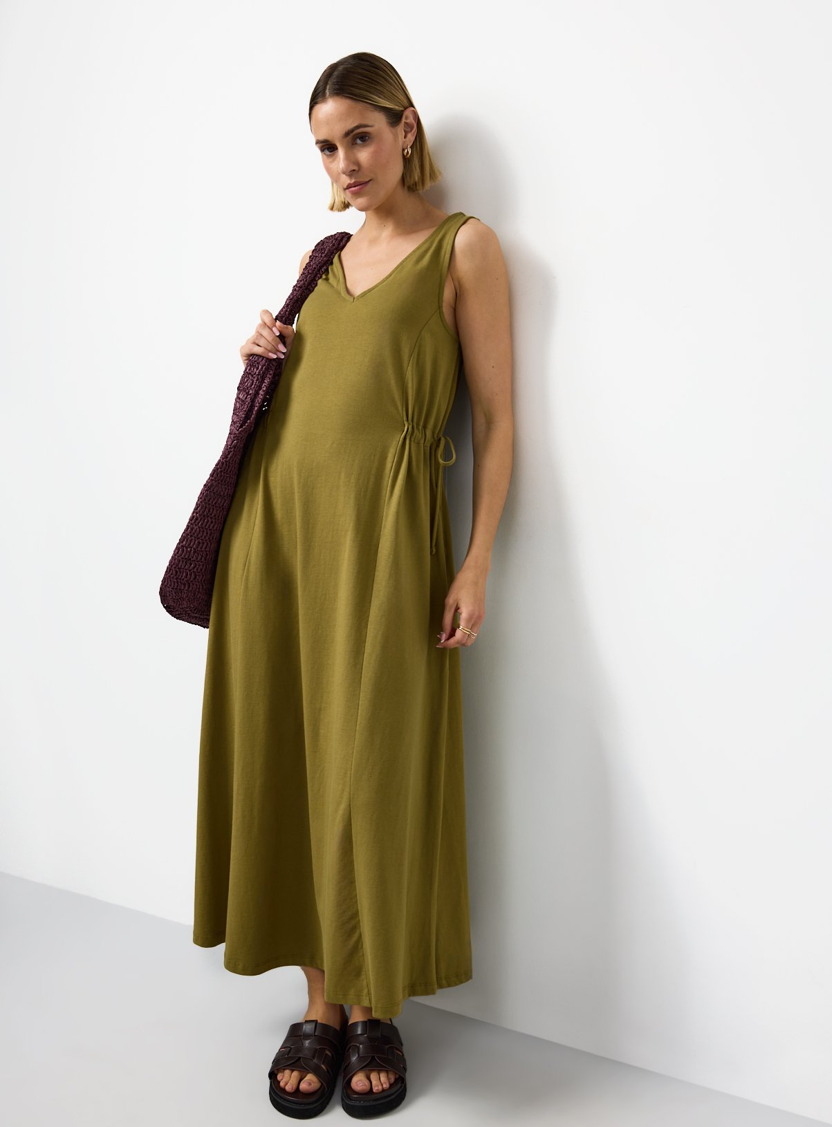Khaki Jersey Tie Side Midaxi Dress 12 - Image 3 thumbnail