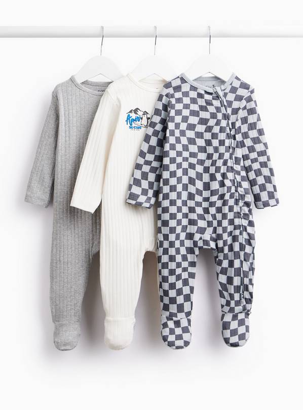 Carved Stripe & Checkerboard Sleepsuits 3-Pack Newborn