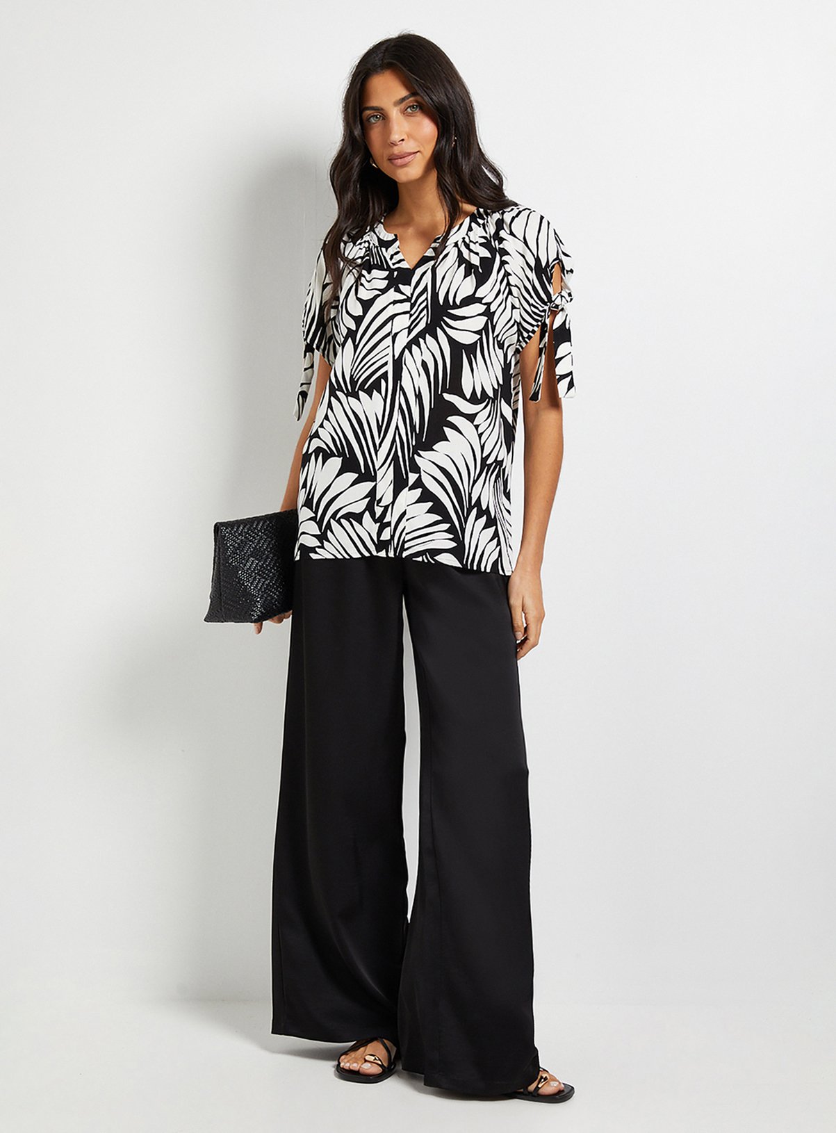 WALLIS Black Abstract Tie Sleeve Collarless Top 14 - Image 2 thumbnail