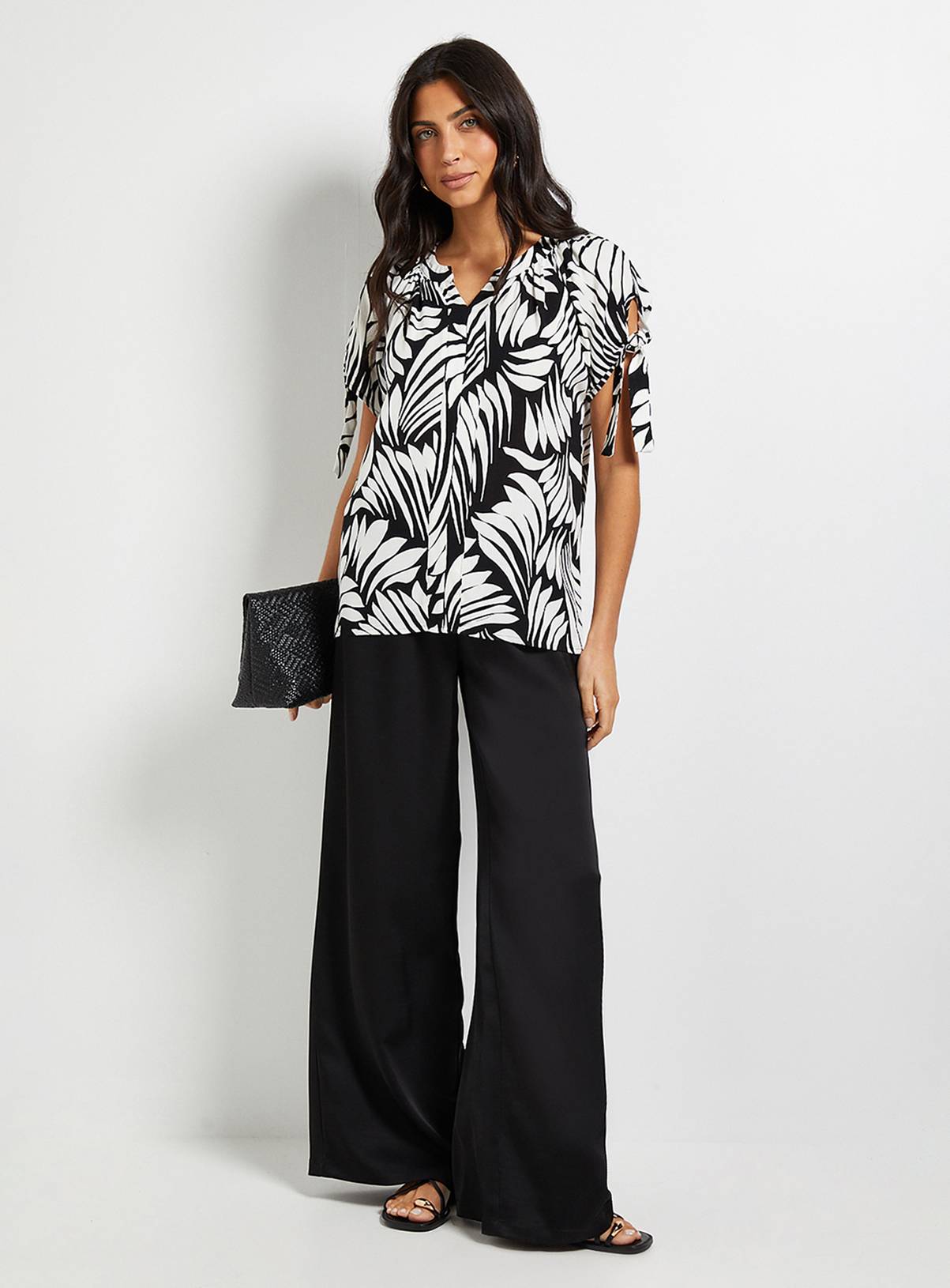 WALLIS Black Abstract Tie Sleeve Collarless Top 14 - Image 2