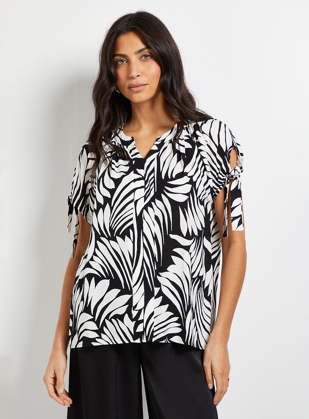 WALLIS Black Abstract Tie Sleeve Collarless Top 14 - Image 4 thumbnail