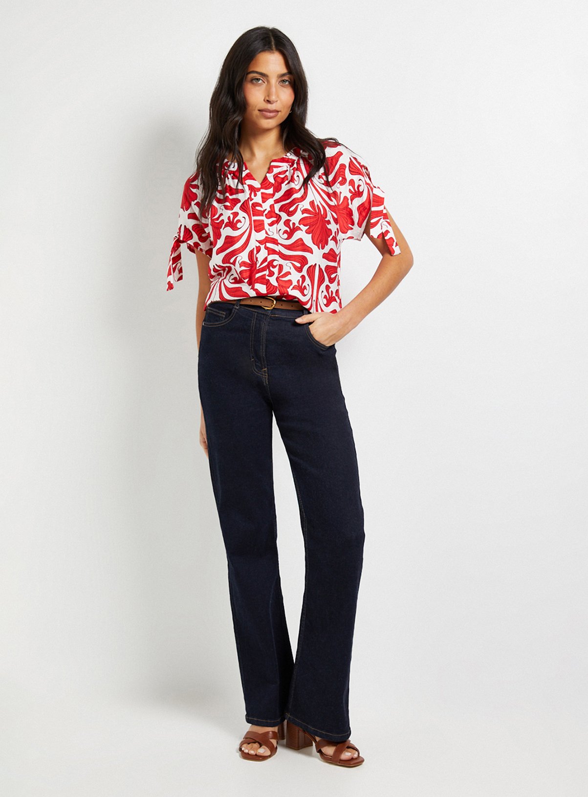 WALLIS Red Abstract Tie Sleeve Collarless Top 12 - Image 2 thumbnail
