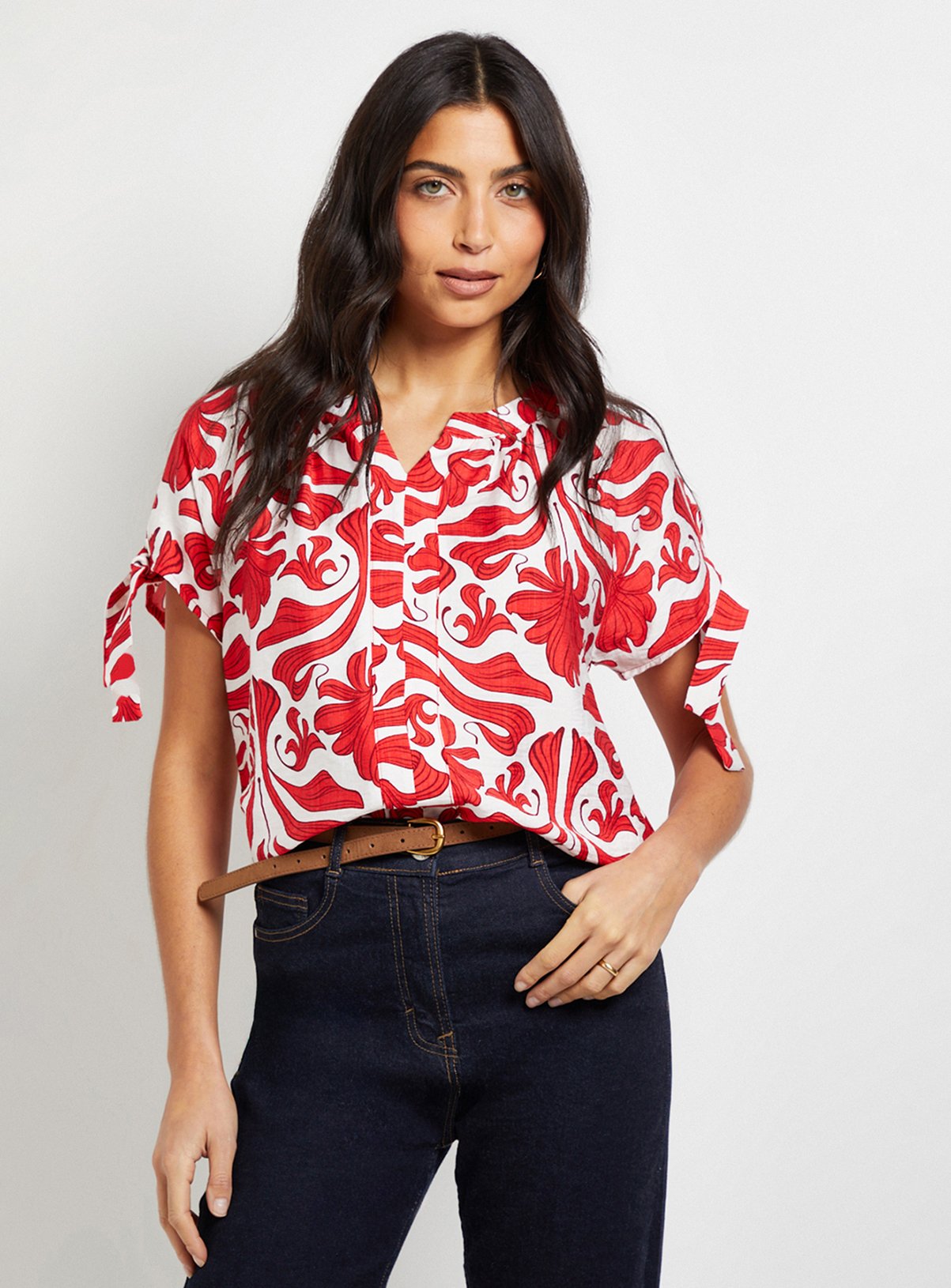 WALLIS Red Abstract Tie Sleeve Collarless Top 12 - Image 4 thumbnail