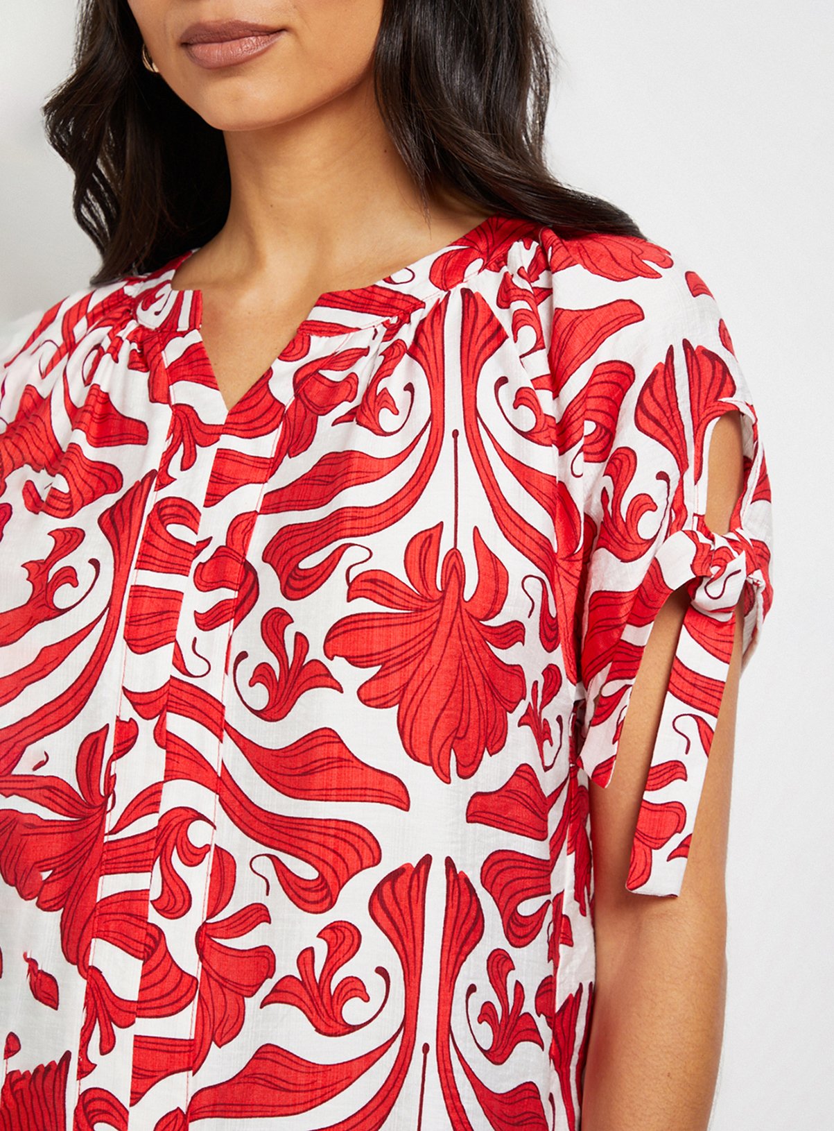 WALLIS Red Abstract Tie Sleeve Collarless Top 12 - Image 5 thumbnail