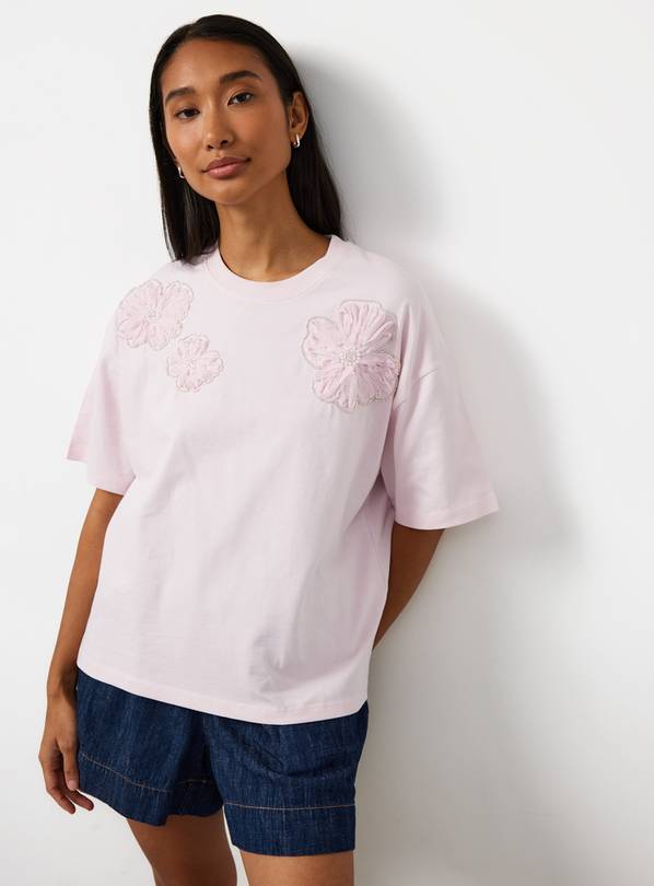 Pink Floral Embroidered Boxy Fit T-Shirt S