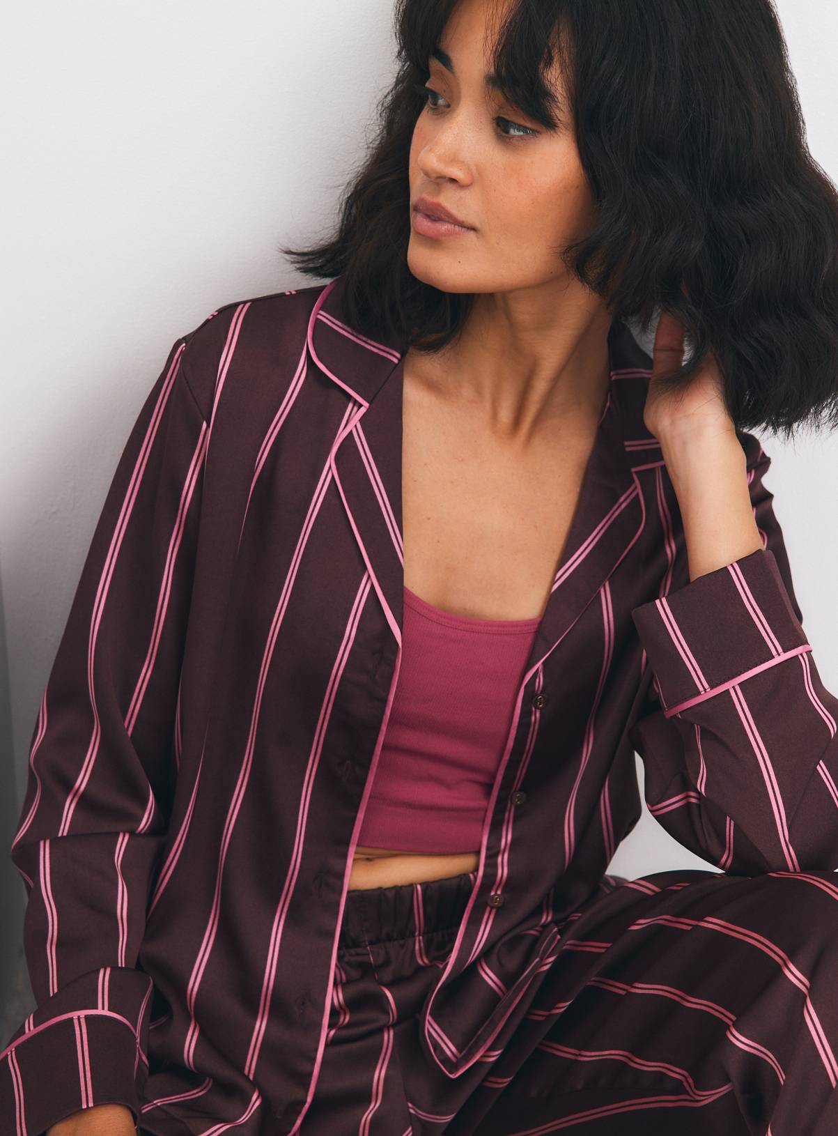 Brown & Pink Stripe Satin Traditional Pyjama Set S - Image 1