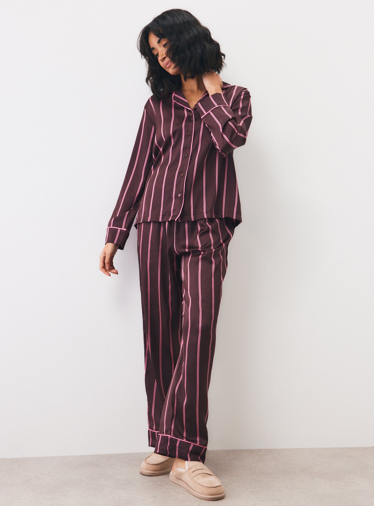 Brown & Pink Stripe Satin Traditional Pyjama Set S - Image 2 thumbnail