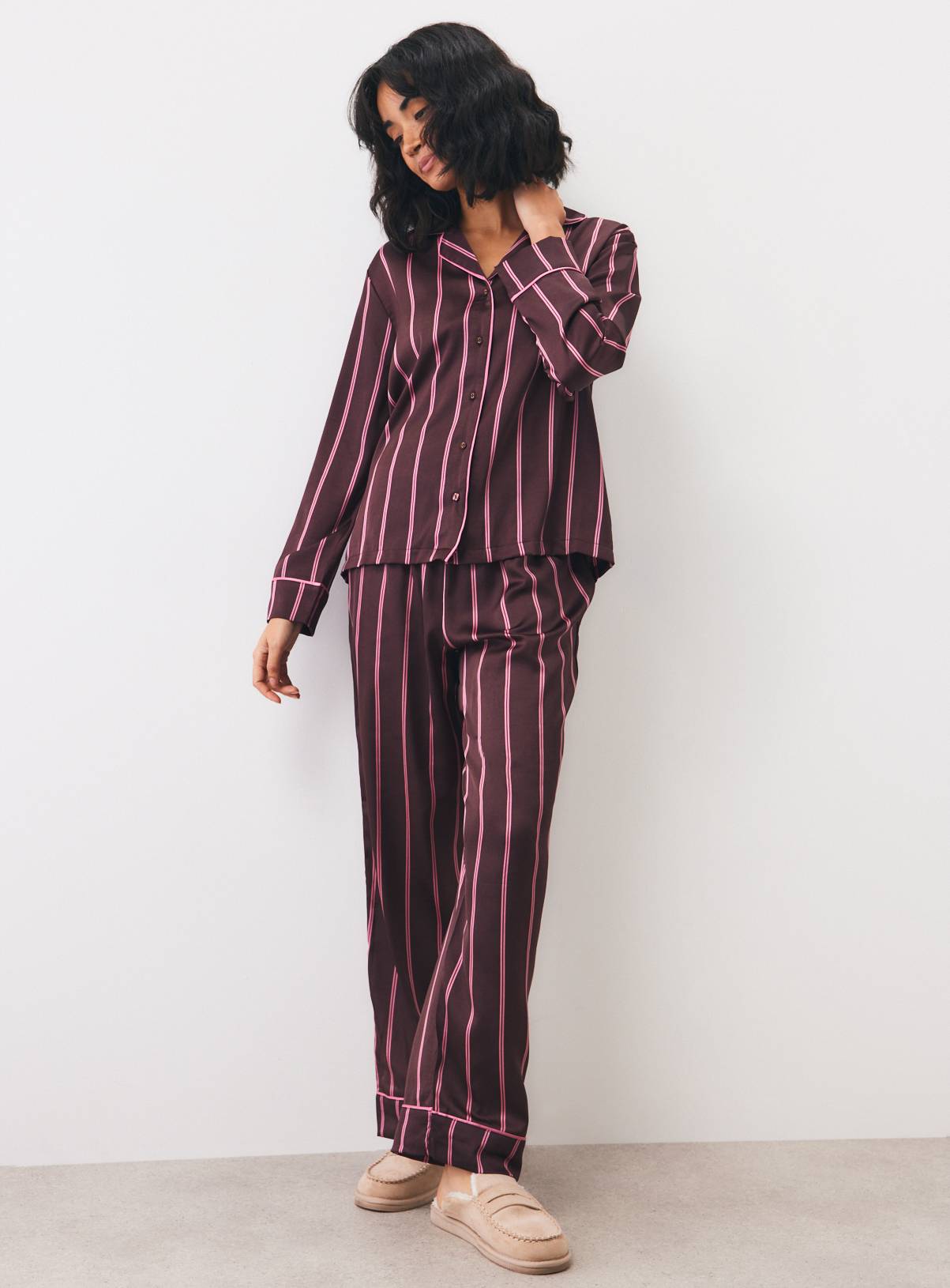 Brown & Pink Stripe Satin Traditional Pyjama Set S - Image 2