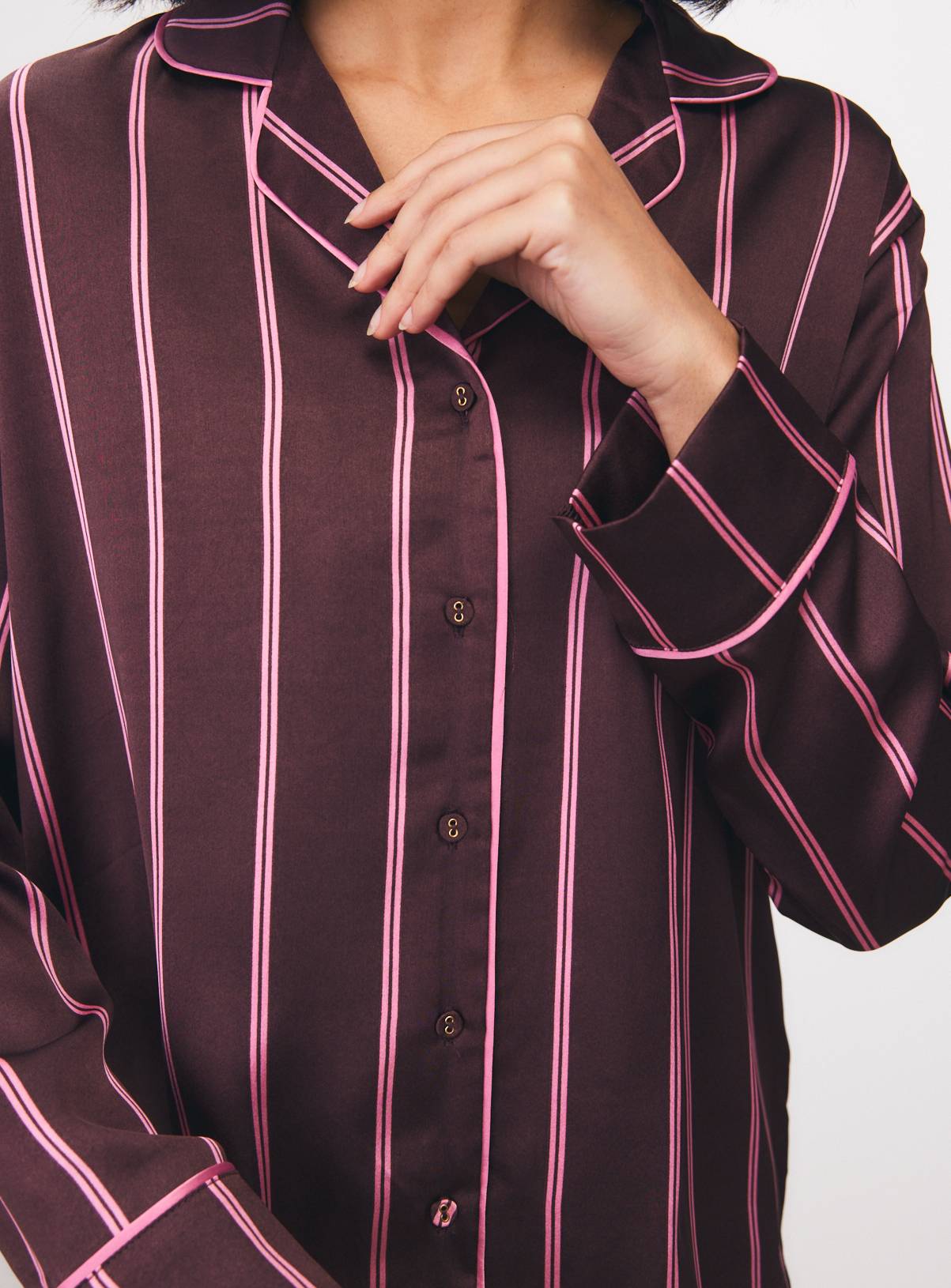 Brown & Pink Stripe Satin Traditional Pyjama Set S - Image 3