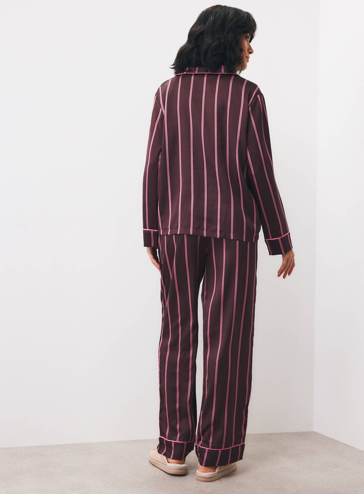 Brown & Pink Stripe Satin Traditional Pyjama Set S - Image 4