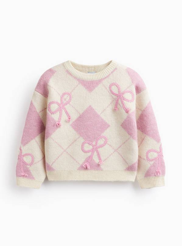 Pink & Cream Argyle 3D Bow Ribbed Jumper 6-7 years