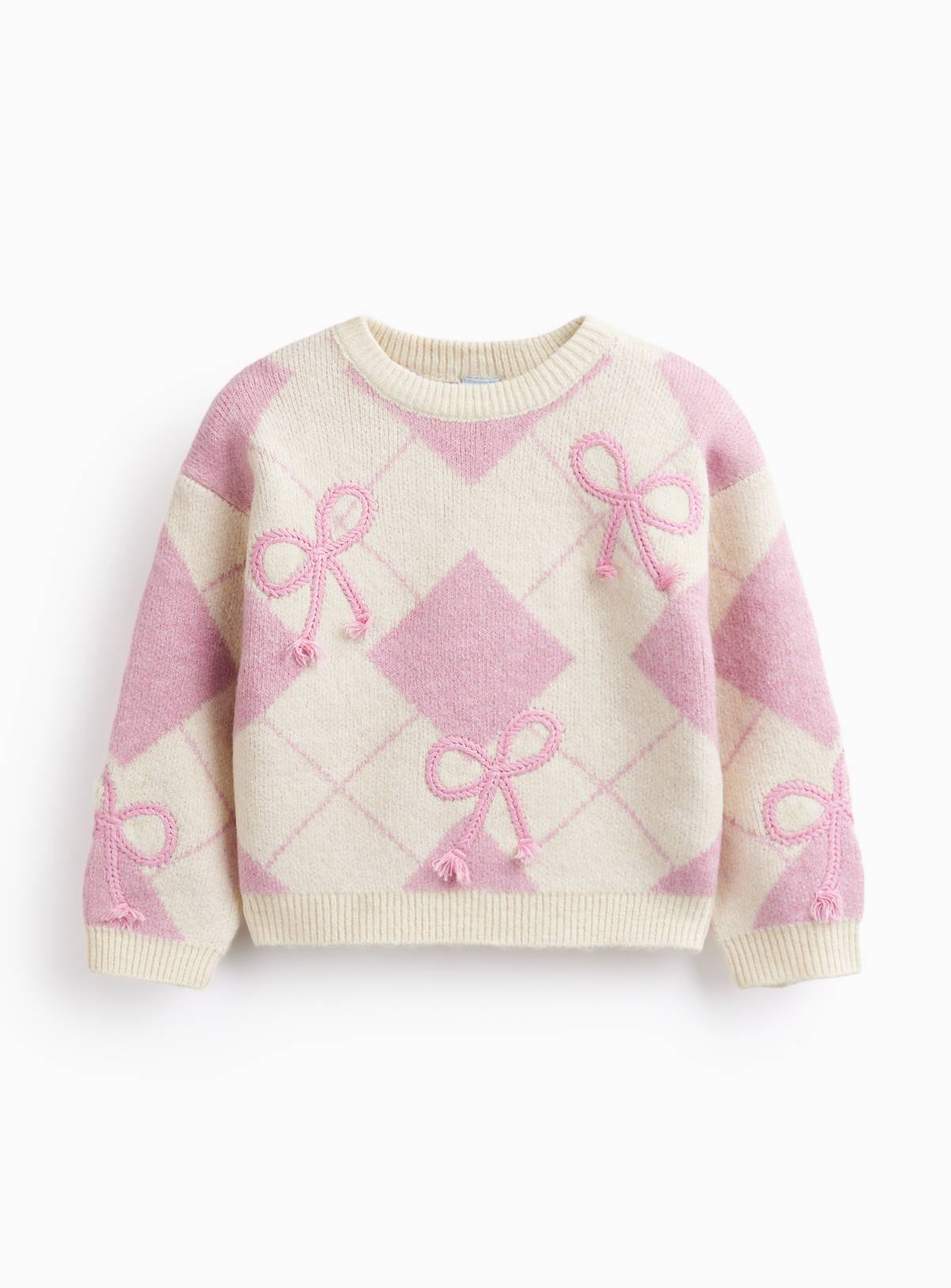 Pink & Cream Argyle 3D Bow Ribbed Jumper 7-8 years - Image 1