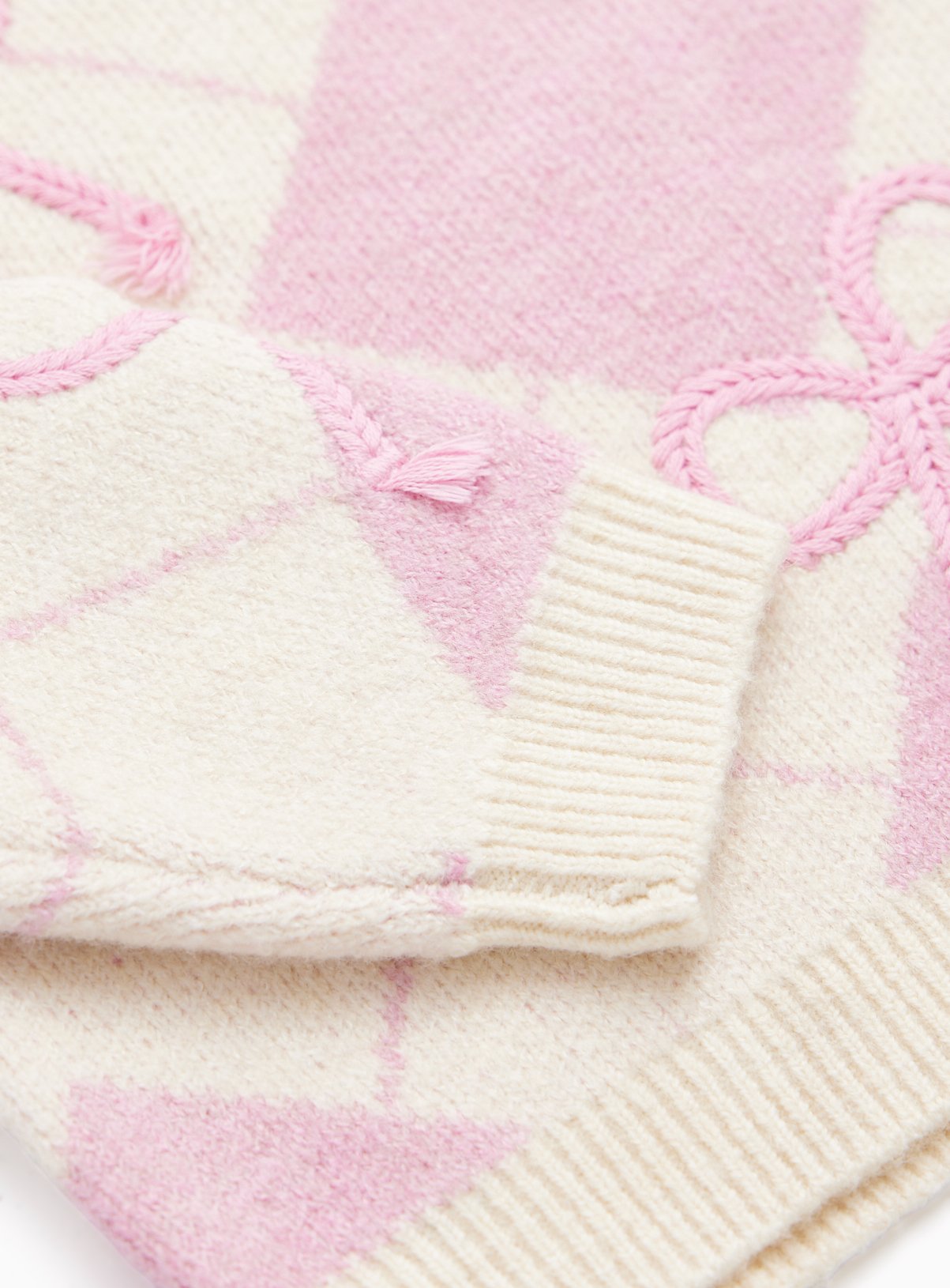 Pink & Cream Argyle 3D Bow Ribbed Jumper 7-8 years - Image 2 thumbnail