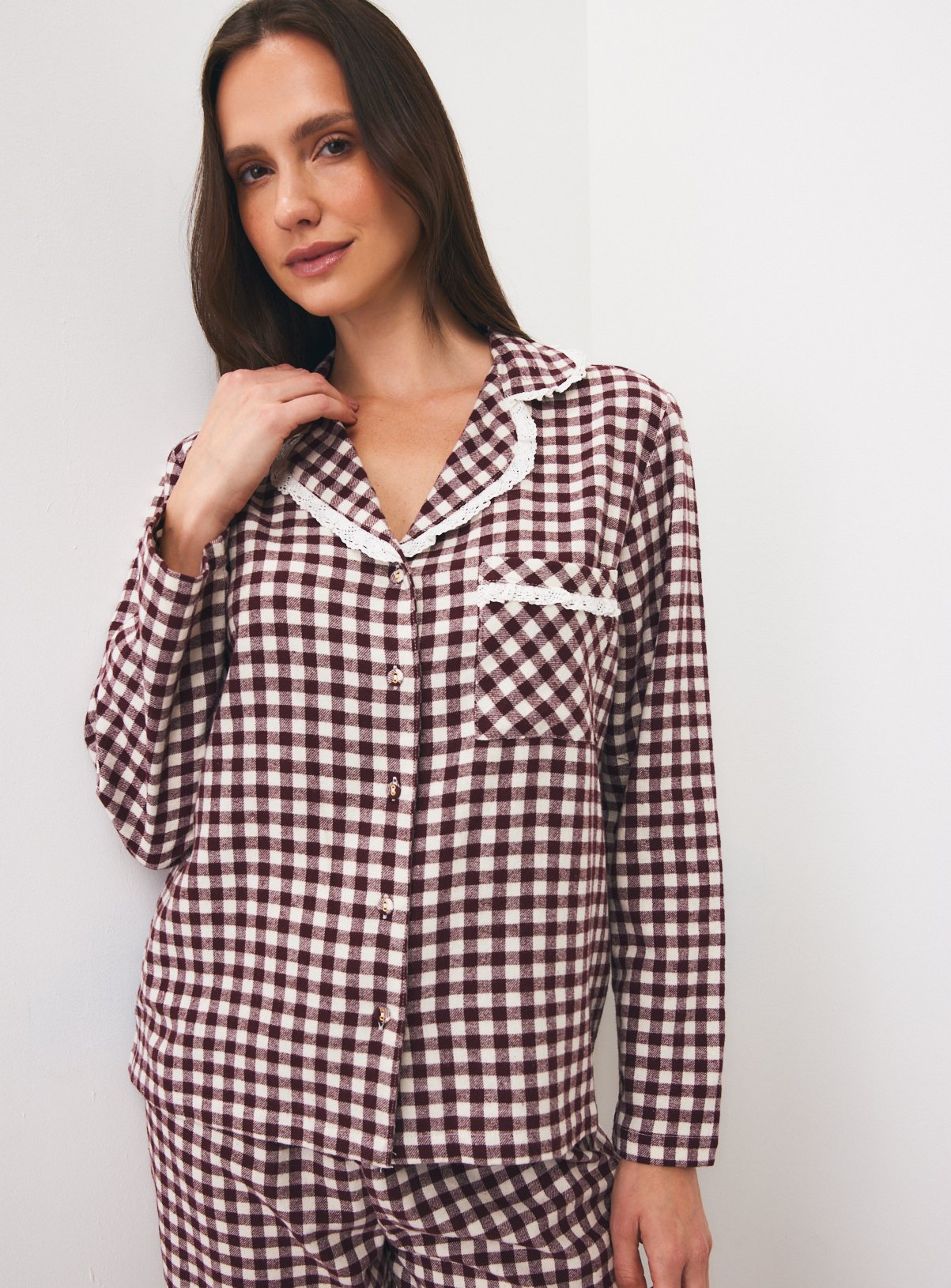 Burgundy Gingham Check Lace Detail Pyjama Set S - Image 2 thumbnail
