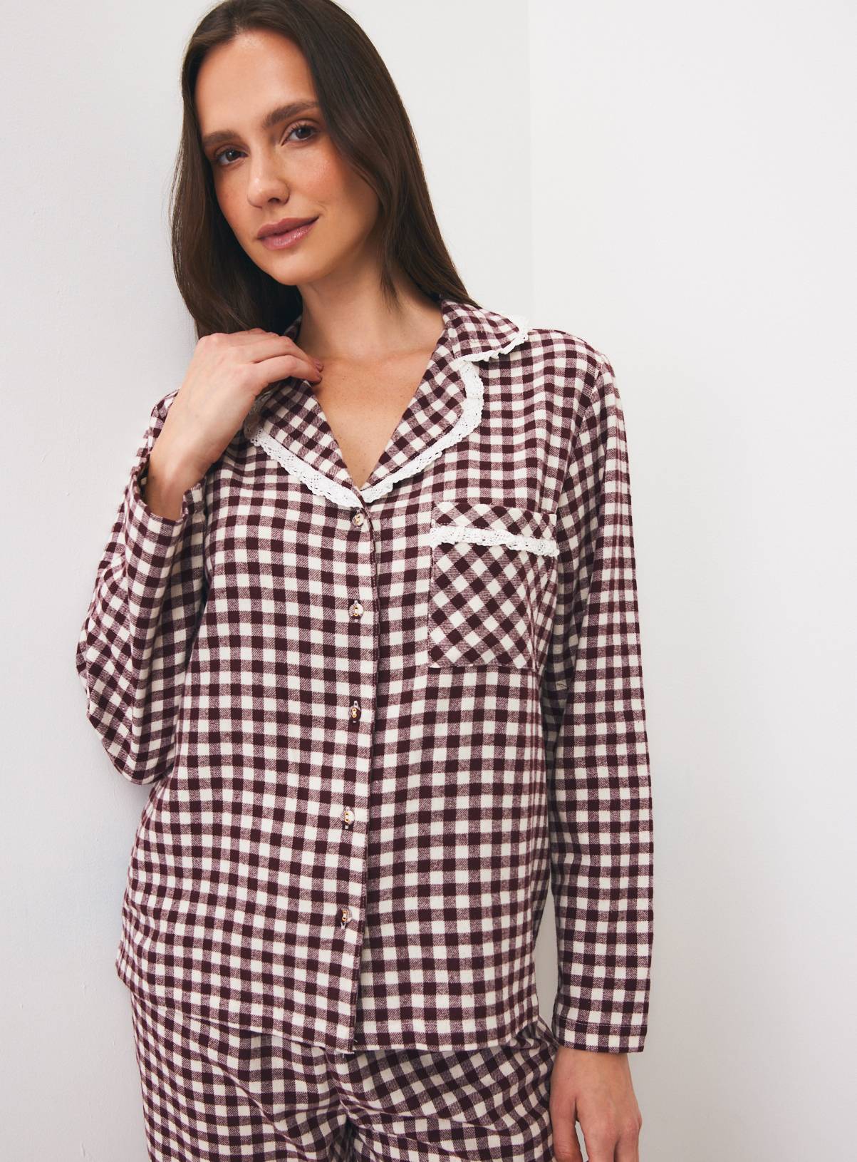 Burgundy Gingham Check Lace Detail Pyjama Set S - Image 2