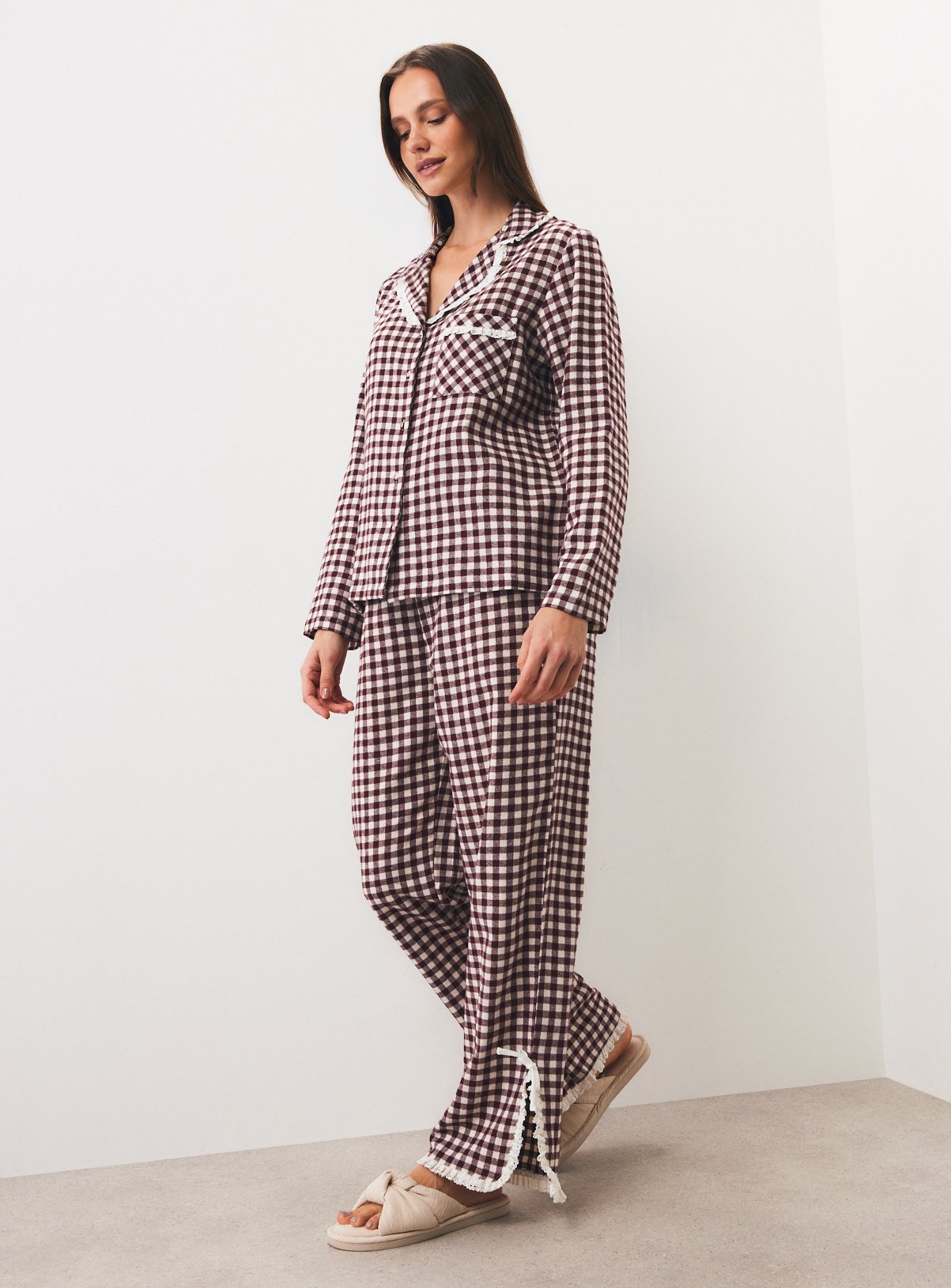 Burgundy Gingham Check Lace Detail Pyjama Set S - Image 3 thumbnail