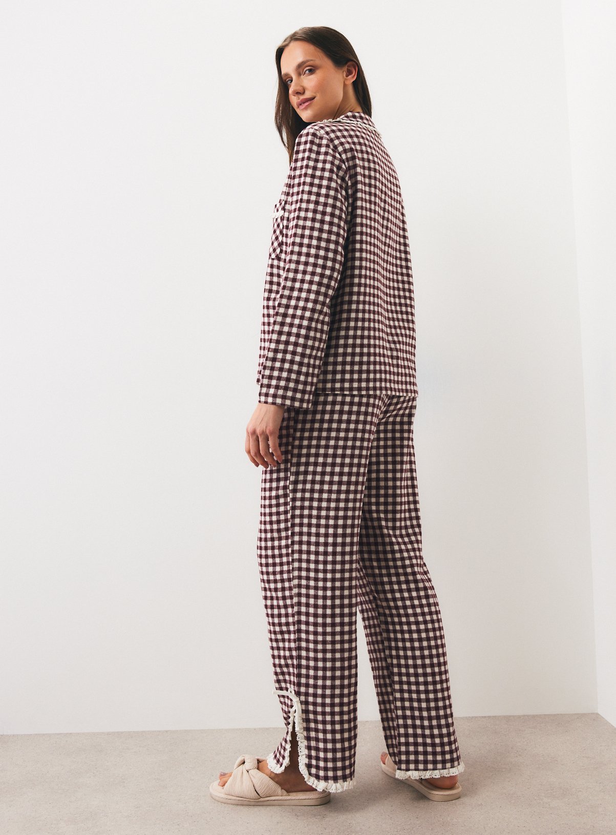 Burgundy Gingham Check Lace Detail Pyjama Set S - Image 4 thumbnail
