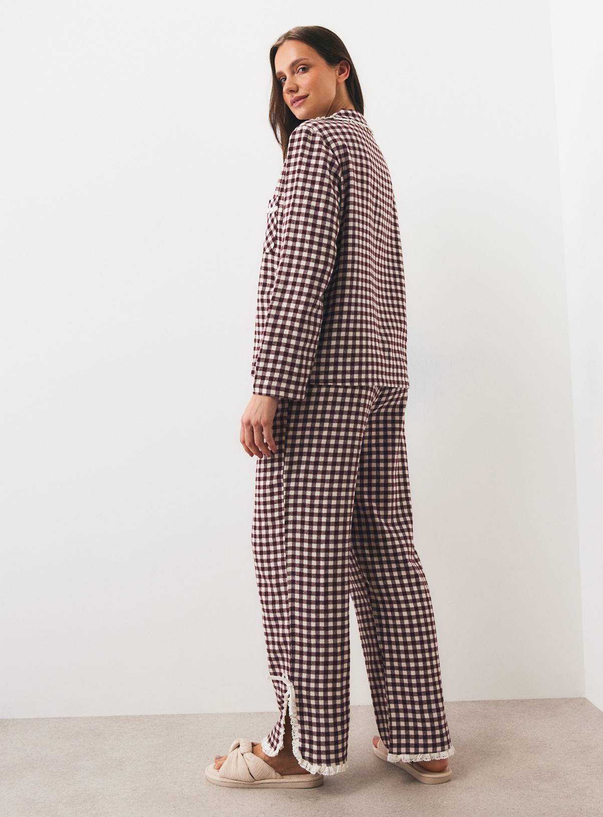 Burgundy Gingham Check Lace Detail Pyjama Set S - Image 4