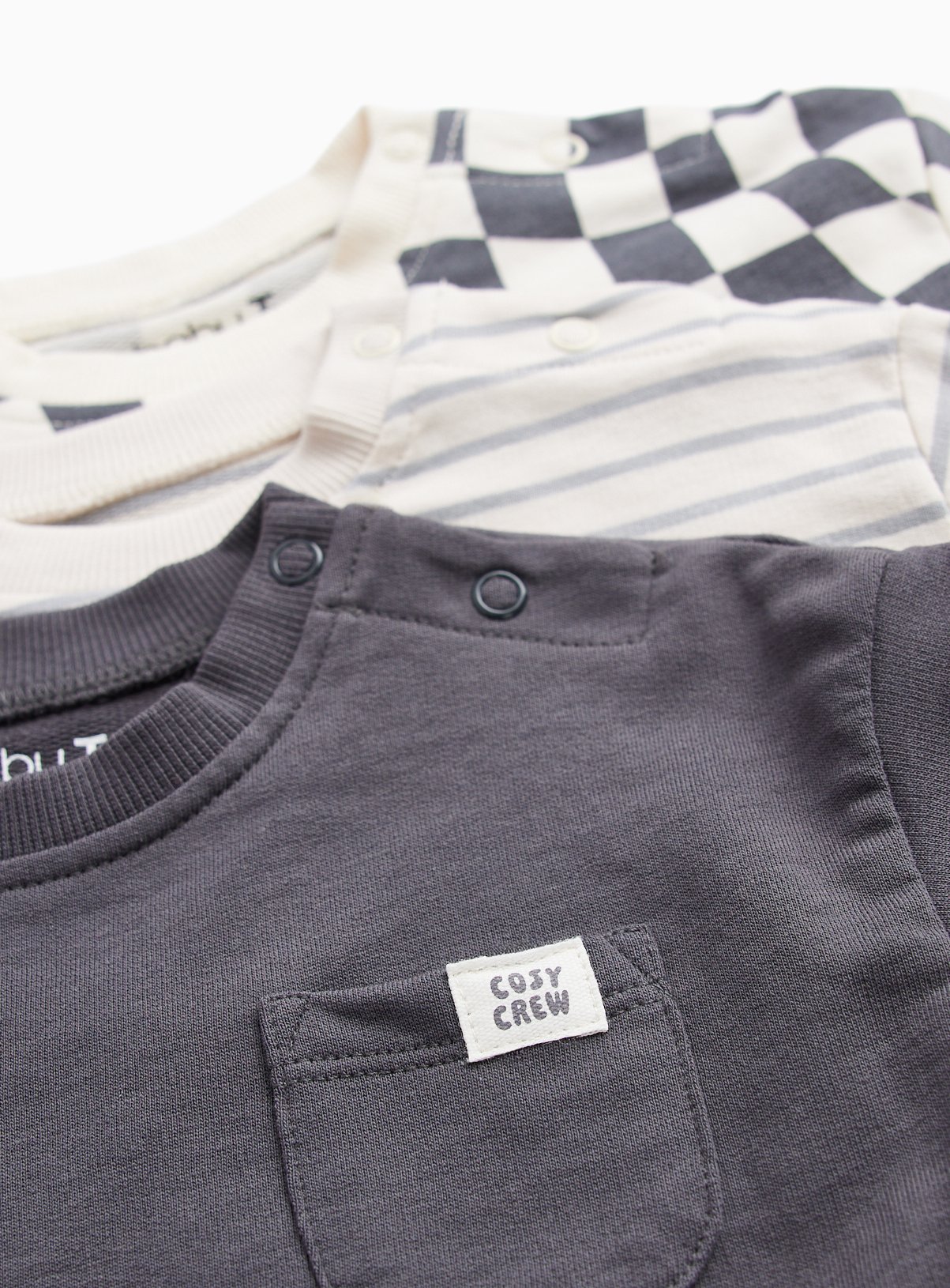 Monochrome Stripe and Checkerboard Long Sleeve Crewneck Tops 3-Pack 18-24 months - Image 2 thumbnail