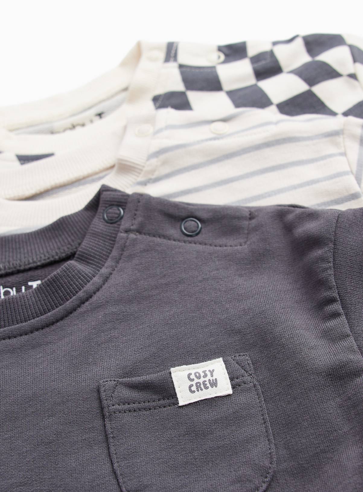 Monochrome Stripe and Checkerboard Long Sleeve Crewneck Tops 3-Pack 18-24 months - Image 2