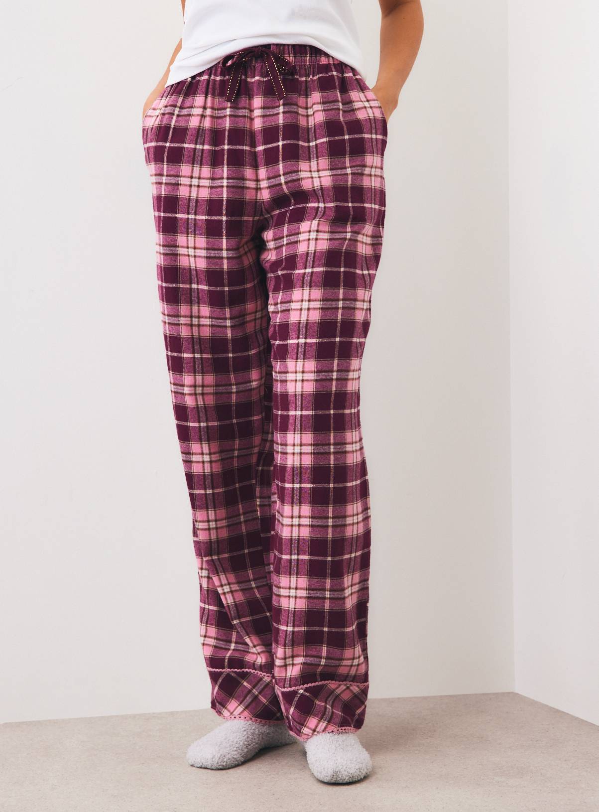 Pink & Burgundy Check Pyjama Bottoms M - Image 1