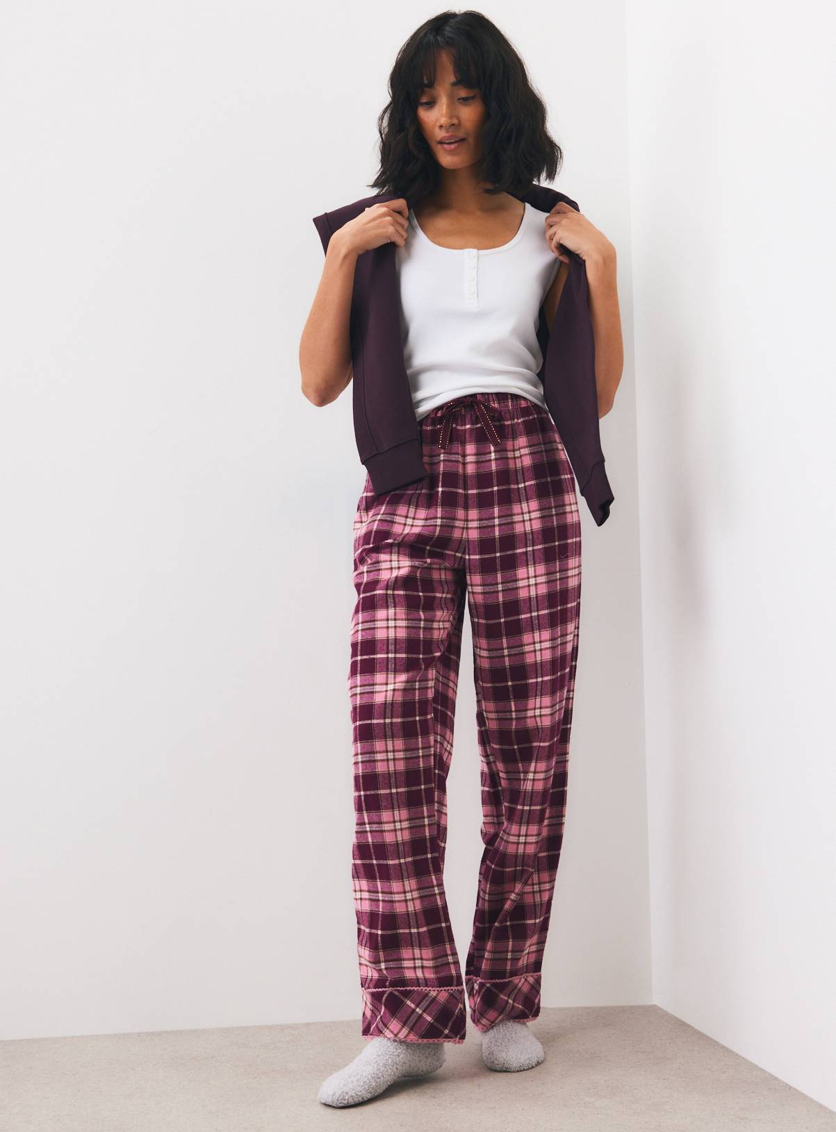 Pink & Burgundy Check Pyjama Bottoms M - Image 2