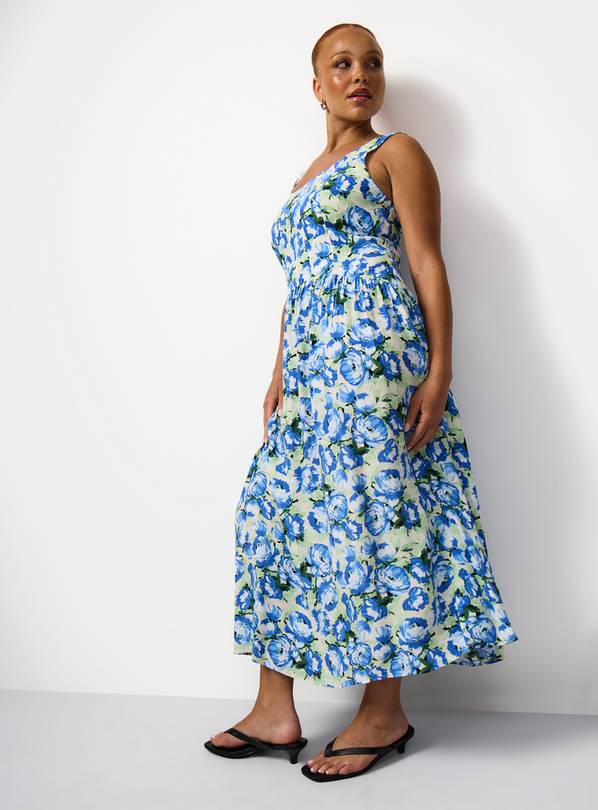 Blue Floral Print Waisted Corset Midaxi Dress 10