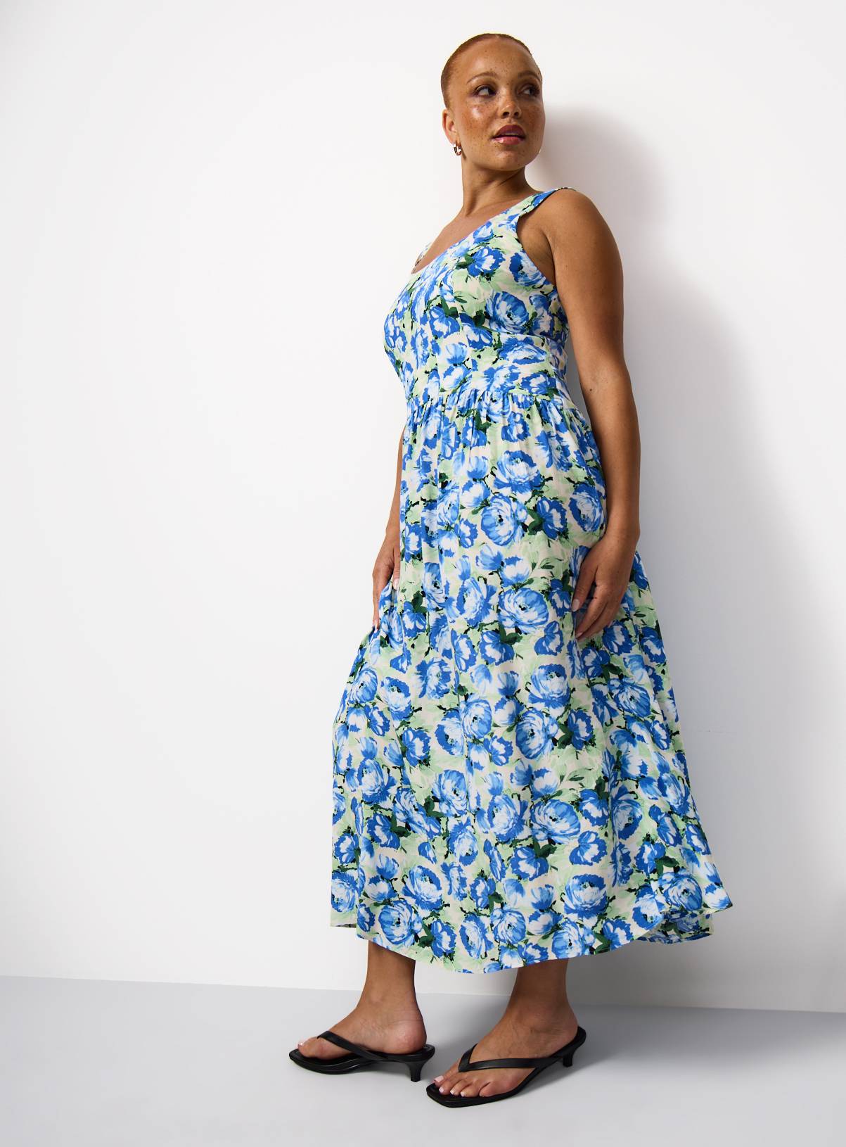 Blue Floral Viscose Waisted Corset Midaxi Dress 12 - Image 1