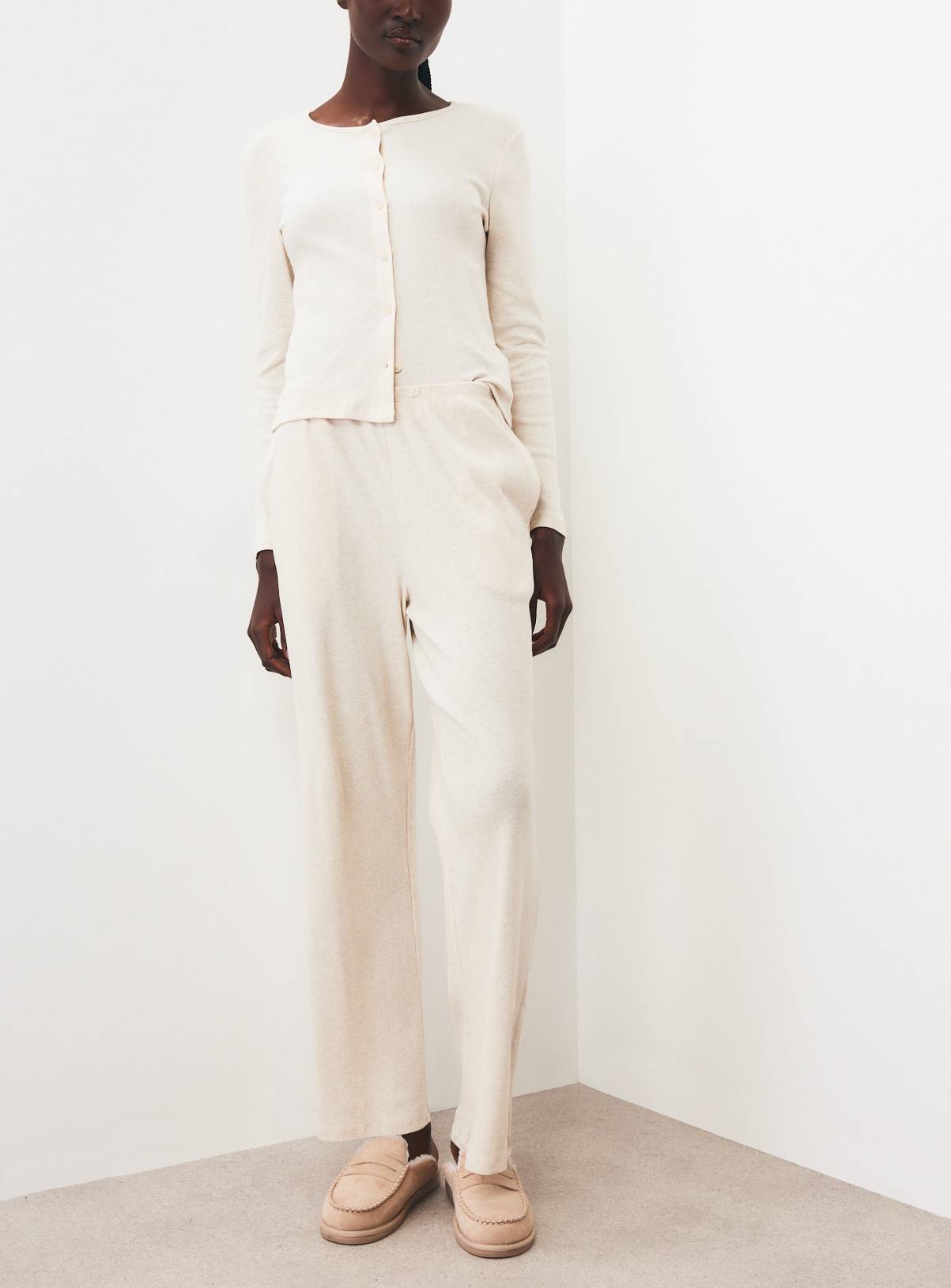 Oatmeal Rib Wide Leg Co-Ord Trousers XL - Image 1