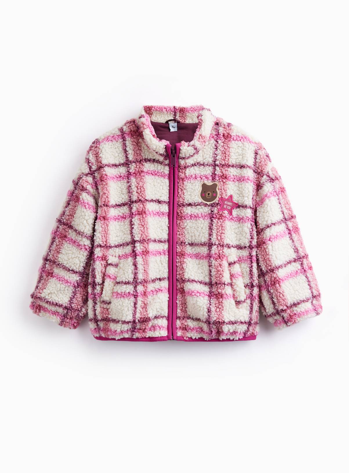 Cream & Pink Check Borg Jacket 7-8 years - Image 1