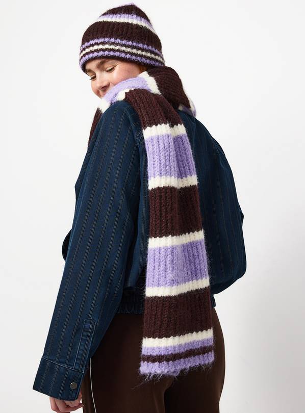 Purple Striped Knitted Scarf One Size