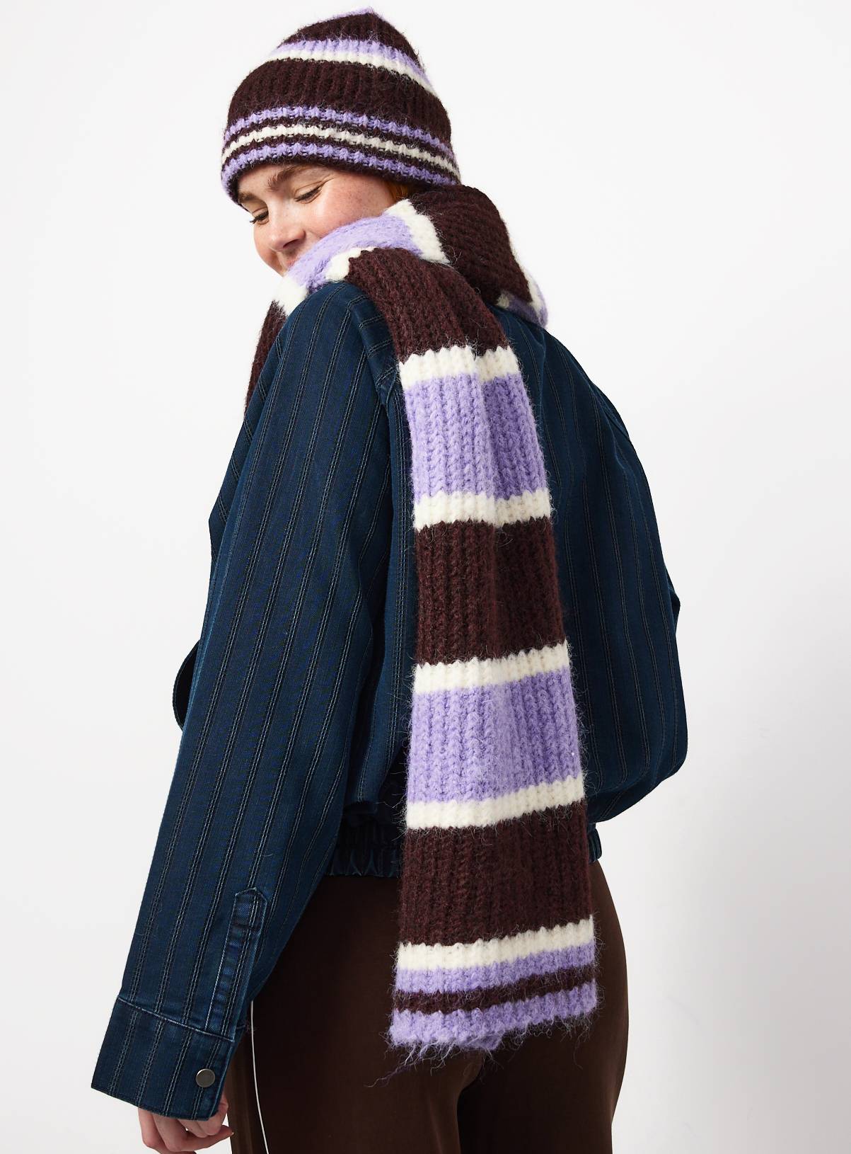 Purple Striped Knitted Scarf One Size - Image 1