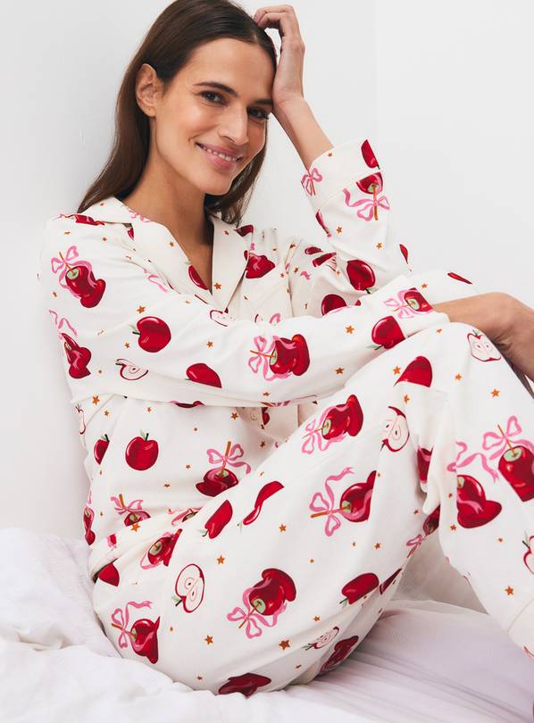 Cream Apple Print Pyjama 2-Piece Set XS
