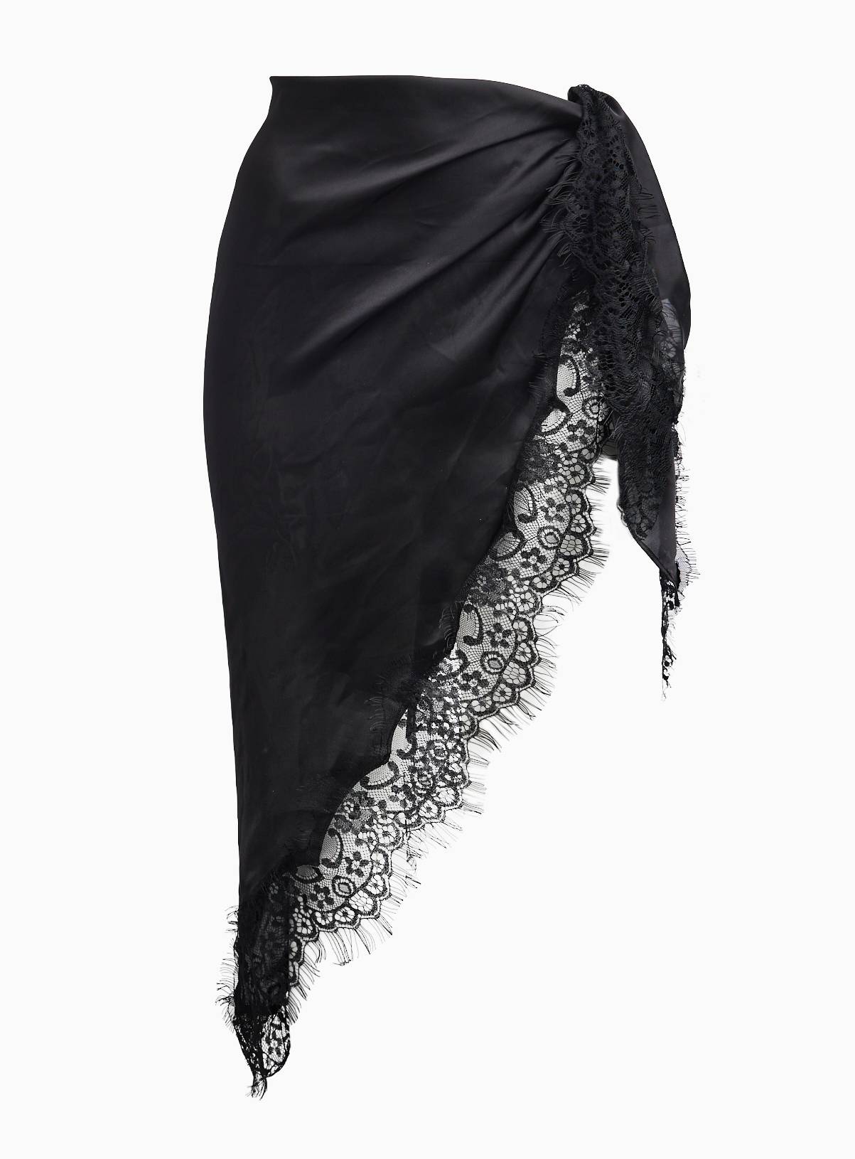 Black Lace Trim Satin Waist Scarf One Size - Image 3