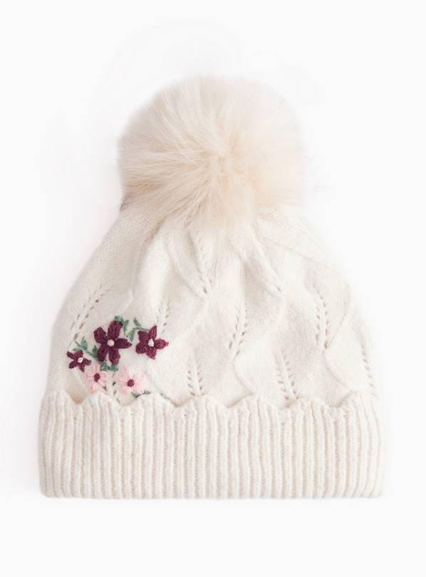 Cream Flower Embroidered Pom Hat 3-5 years