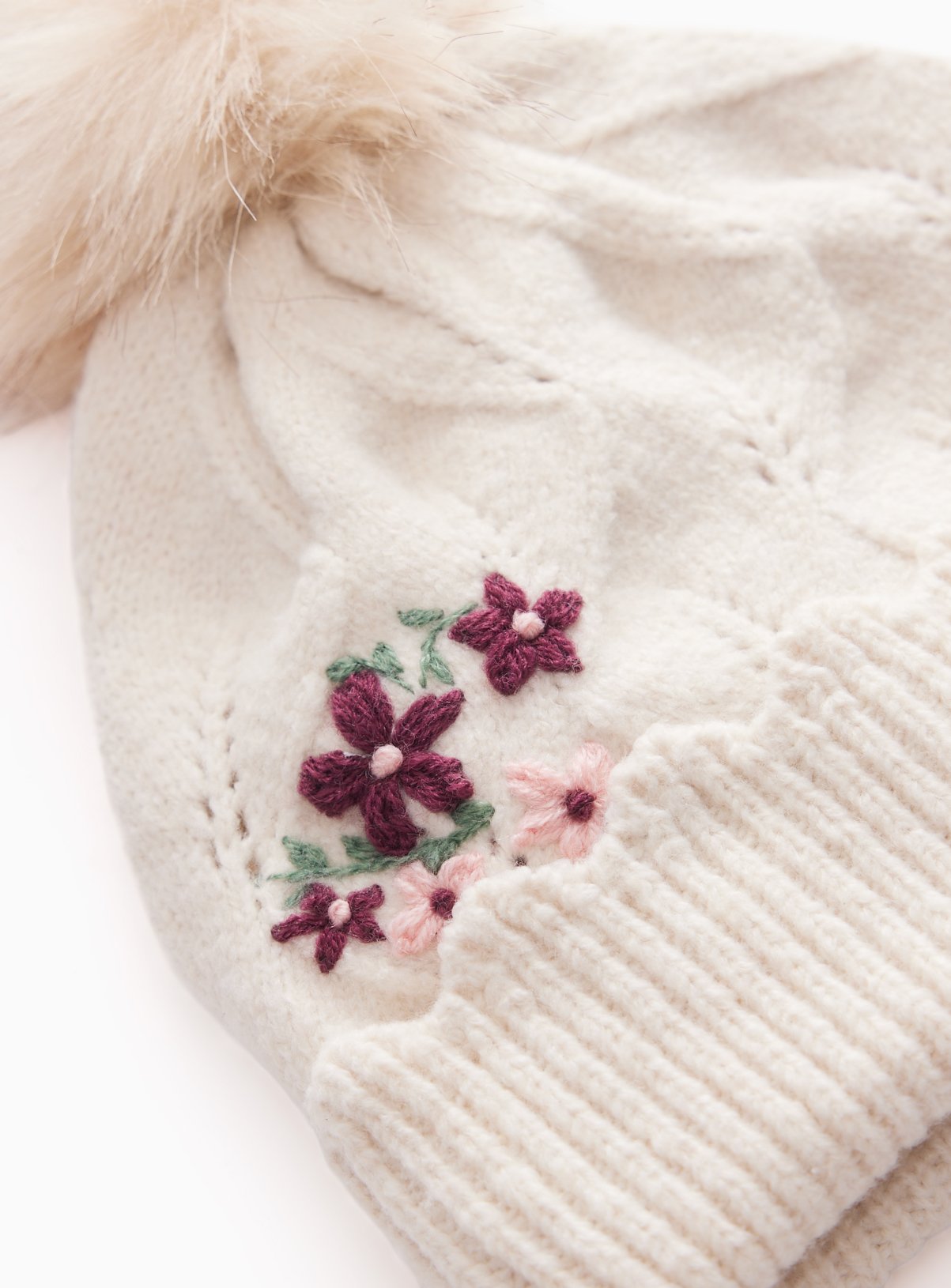 Cream Flower Embroidered Pom Hat 6-9 years - Image 2 thumbnail