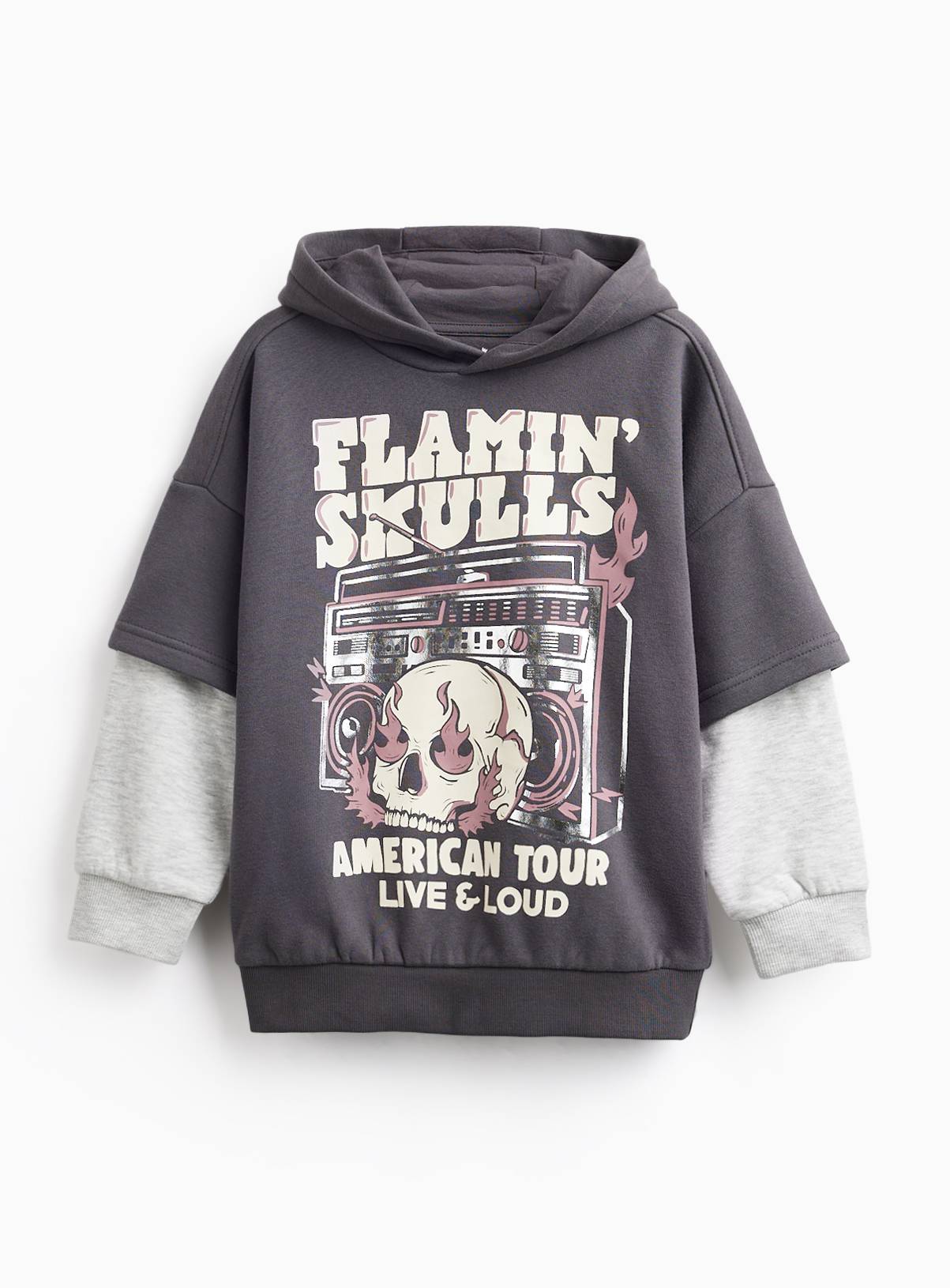Flamin Skulls Graphic Print Mock Sleeve Hoodie 8 years - Image 1