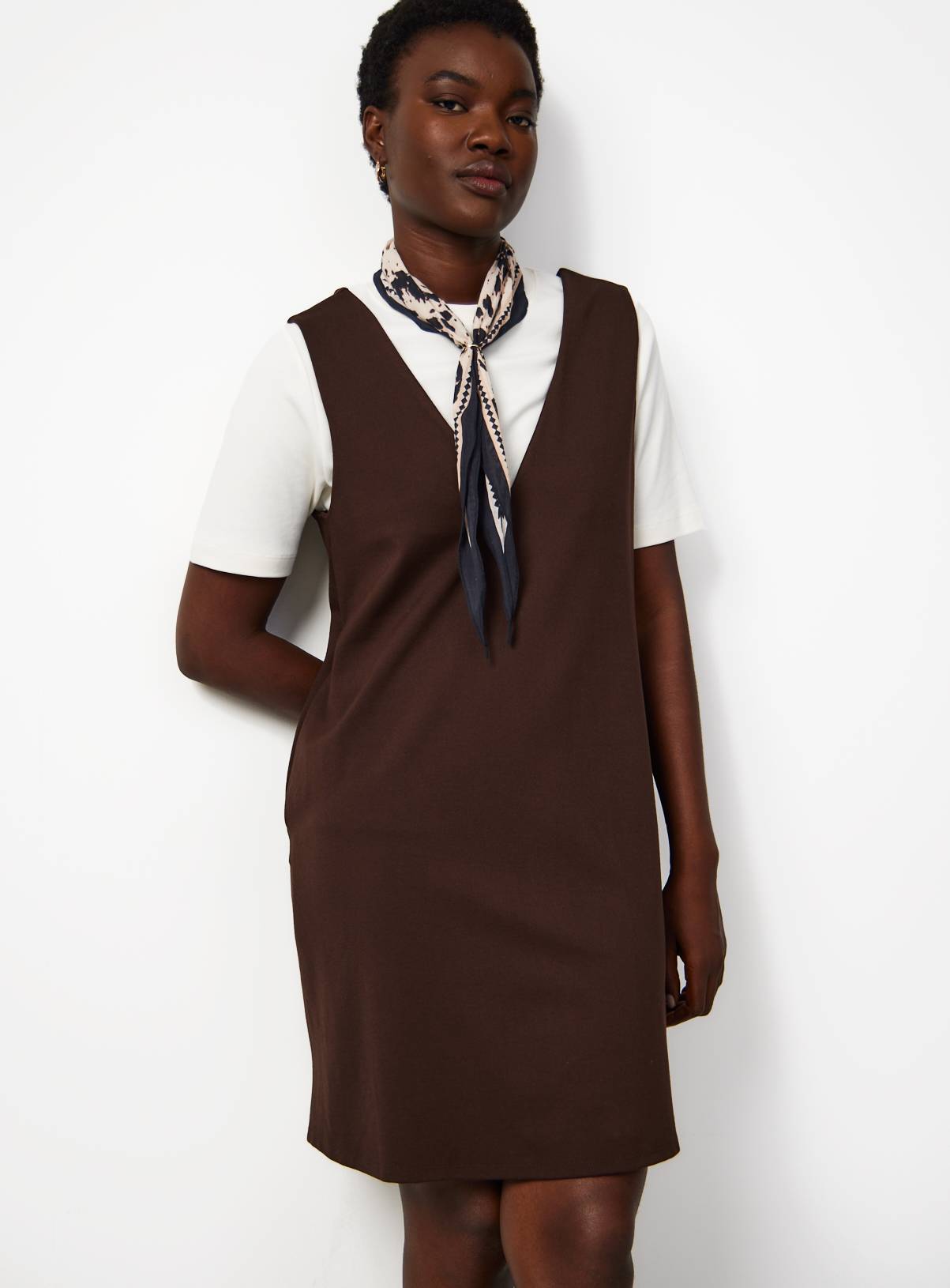Chocolate Brown V Neck Pinafore Dress 24 - Image 1