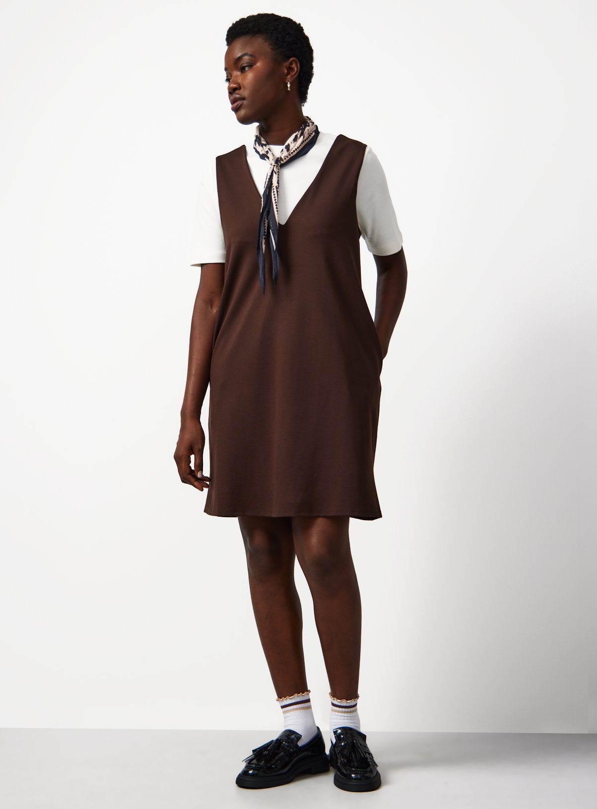 Chocolate Brown V Neck Pinafore Dress 24 - Image 2 thumbnail