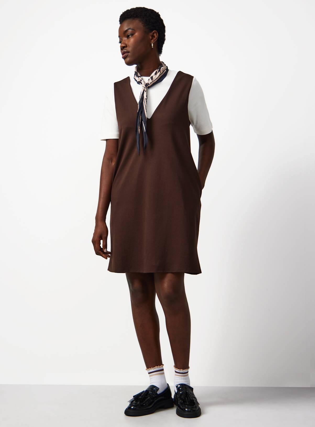 Chocolate Brown V Neck Pinafore Dress 24 - Image 2