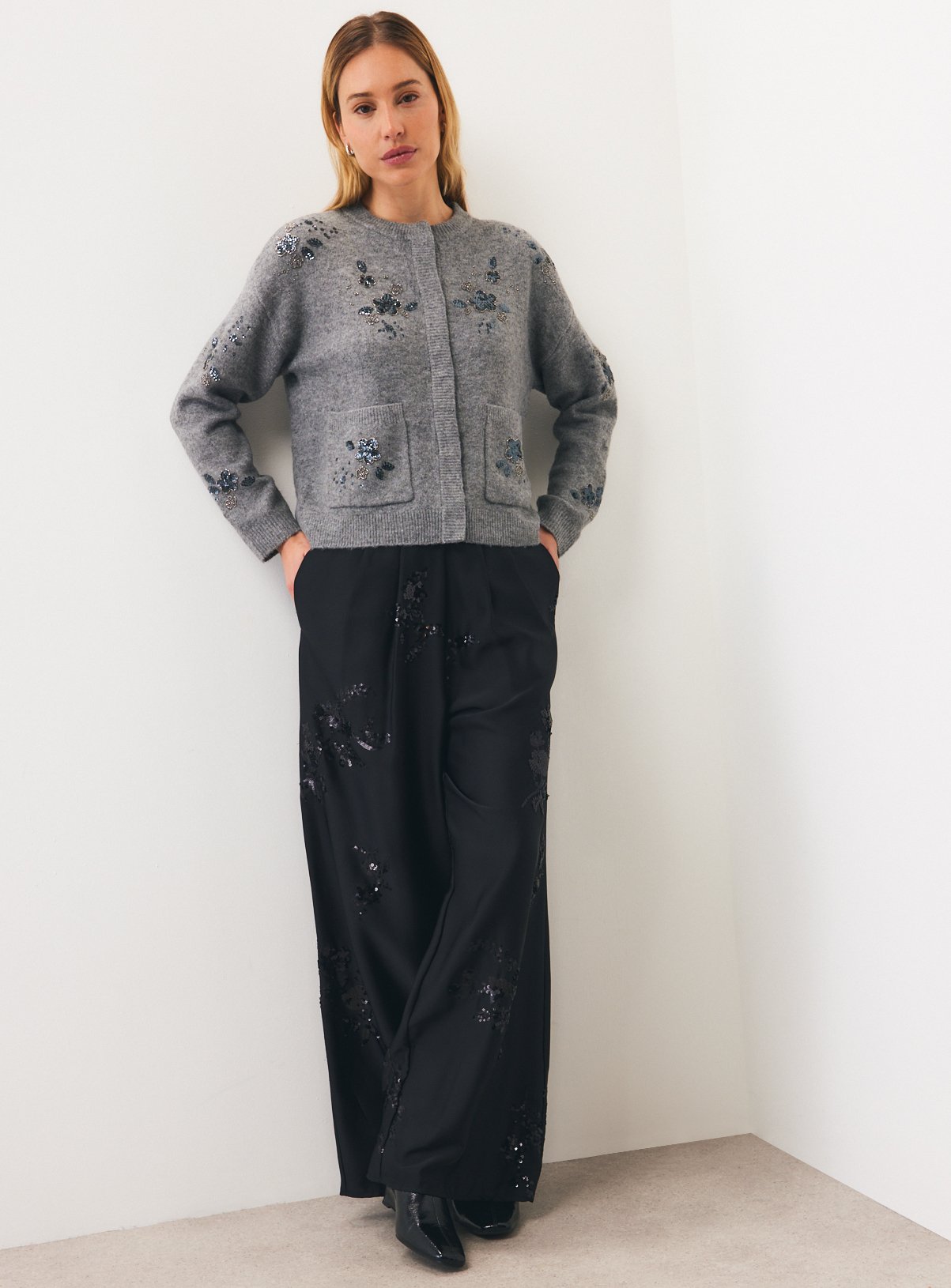 Grey Floral Beaded Sequin Pocket Cardigan XS - Image 2 thumbnail