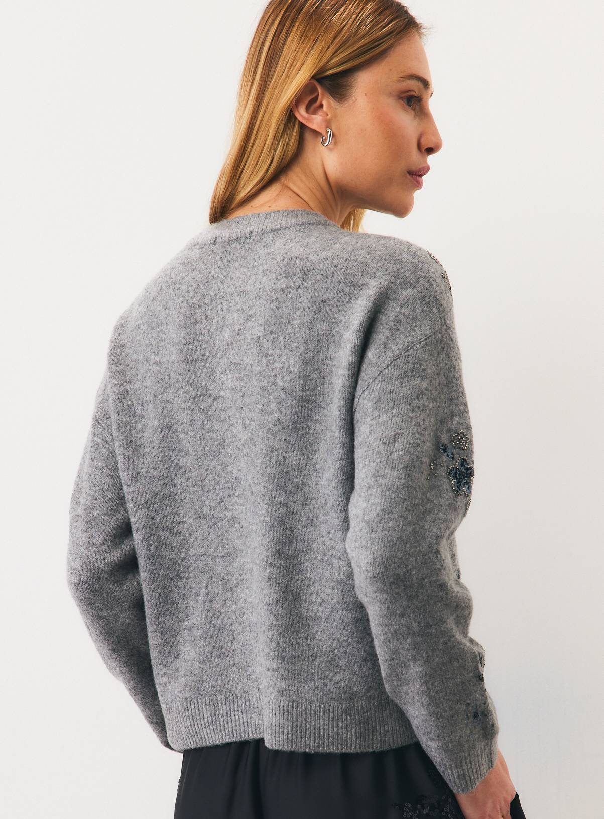 Grey Floral Beaded Sequin Pocket Cardigan XS - Image 3