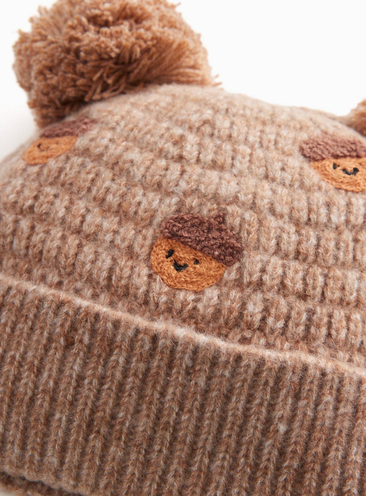 Brown Acorn Double Pom Beanie Hat Newborn - Image 2