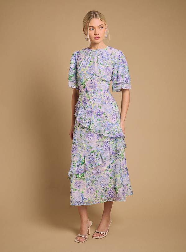 OASIS Occasion Floral Asymmetric Ruffle Jacquard Midi Dress 14