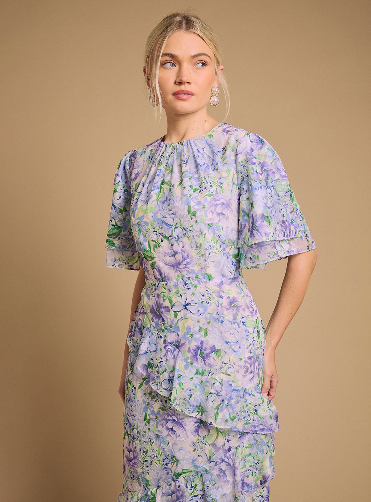 OASIS Occasion Floral Asymmetric Ruffle Jacquard Midaxi Dress 16 - Image 2 thumbnail